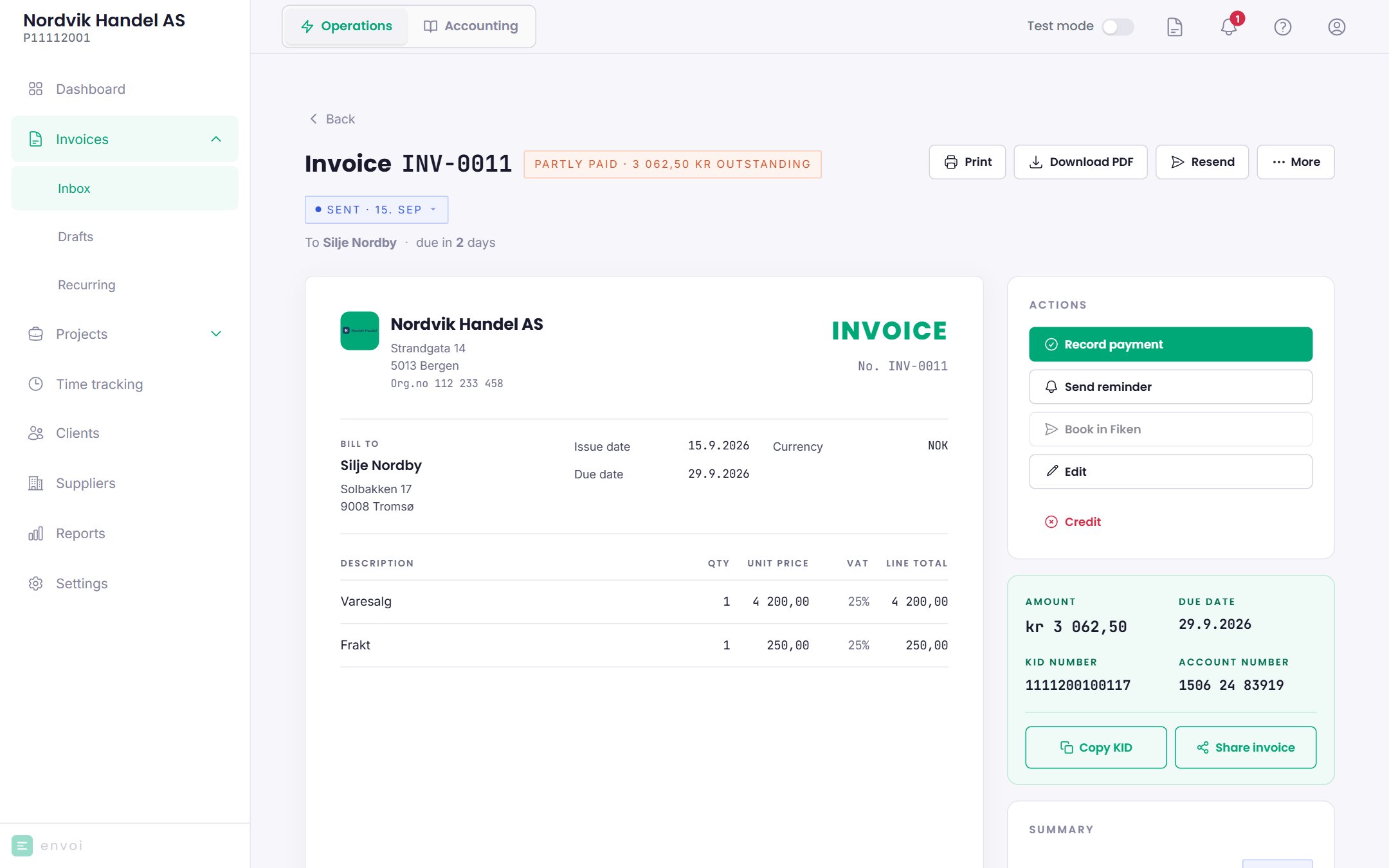 A partly paid invoice with recorded payments and the amount that remains