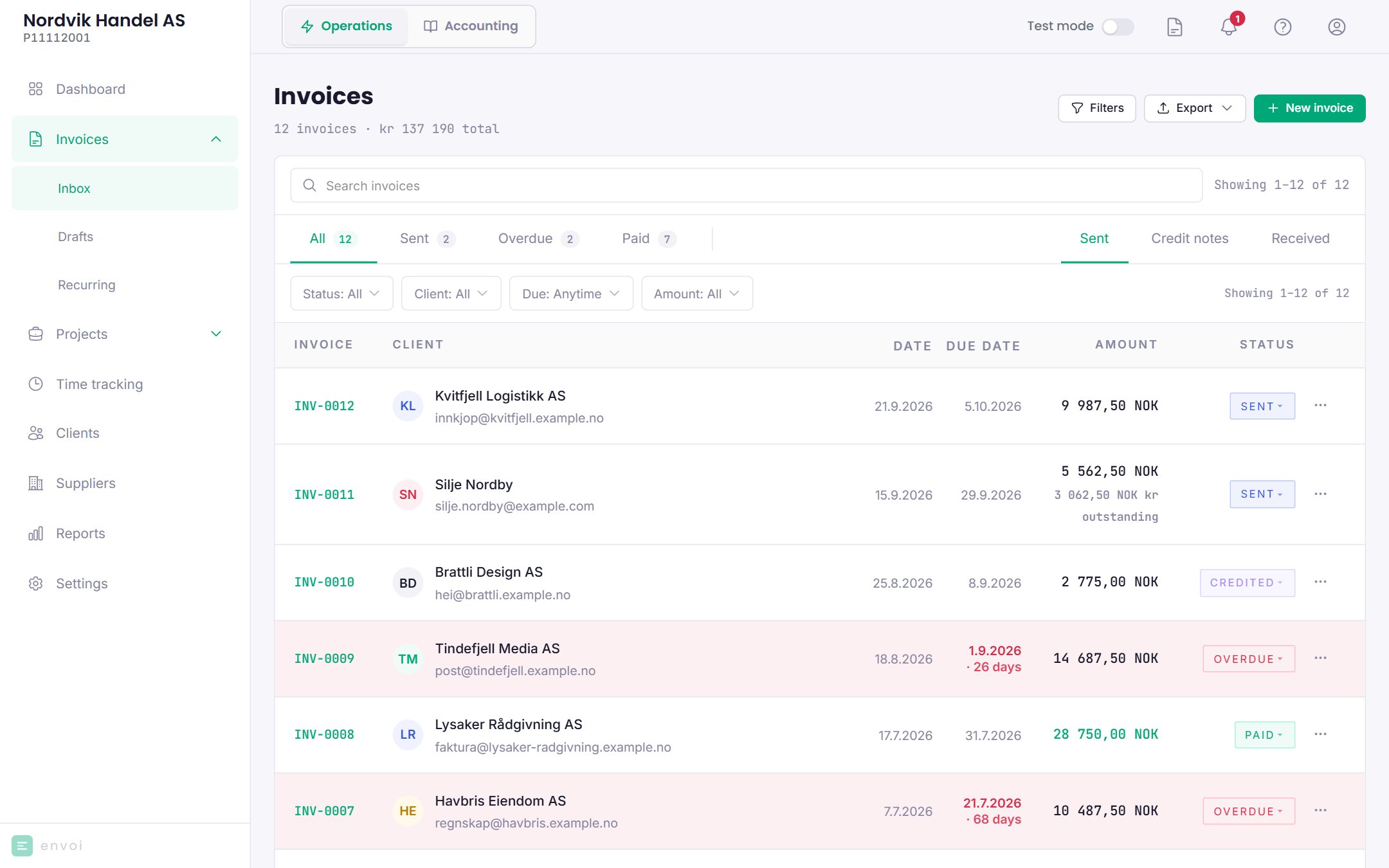 The invoice list with status tabs, filters and invoices