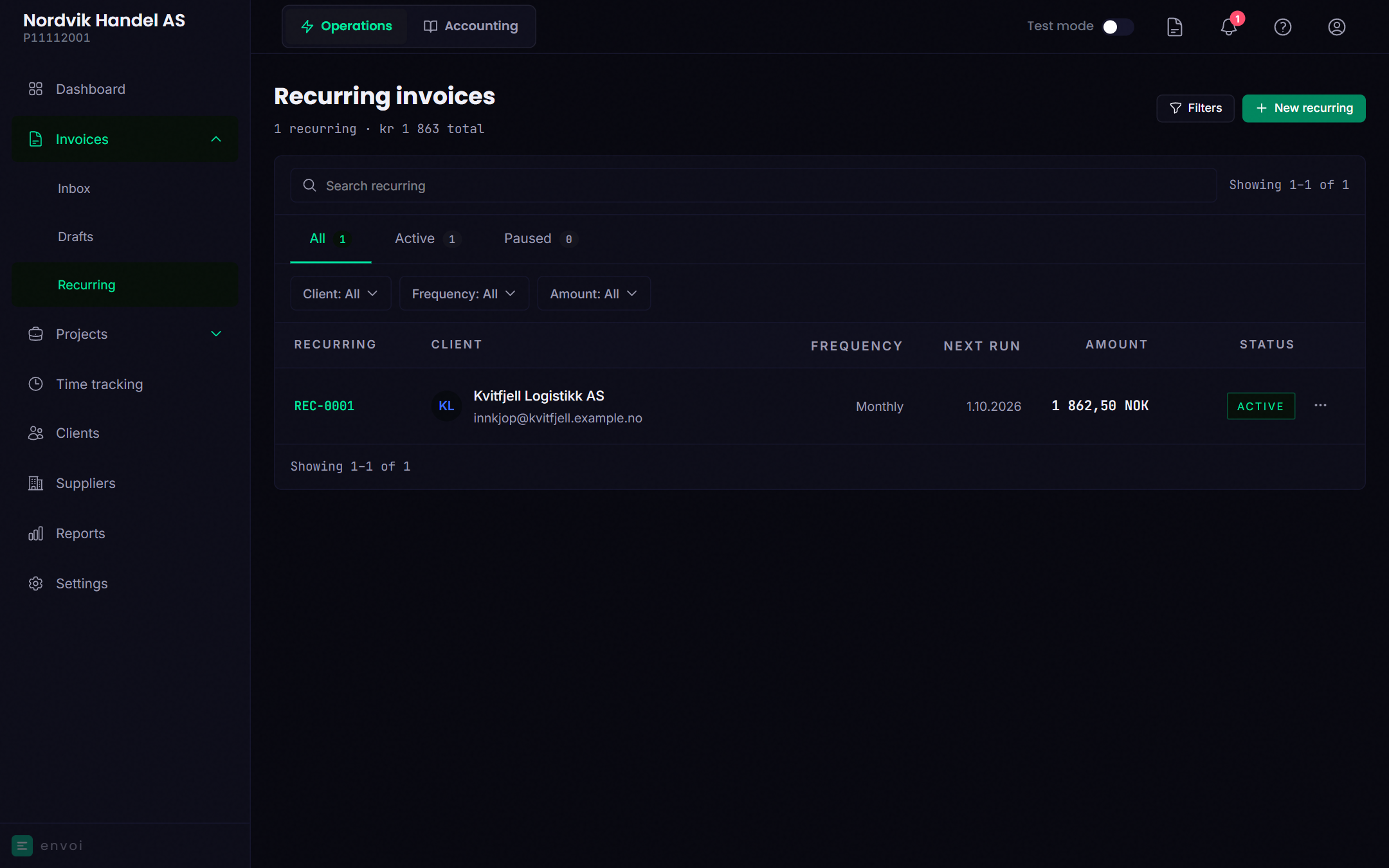 The list of recurring invoices with frequency, next date and status