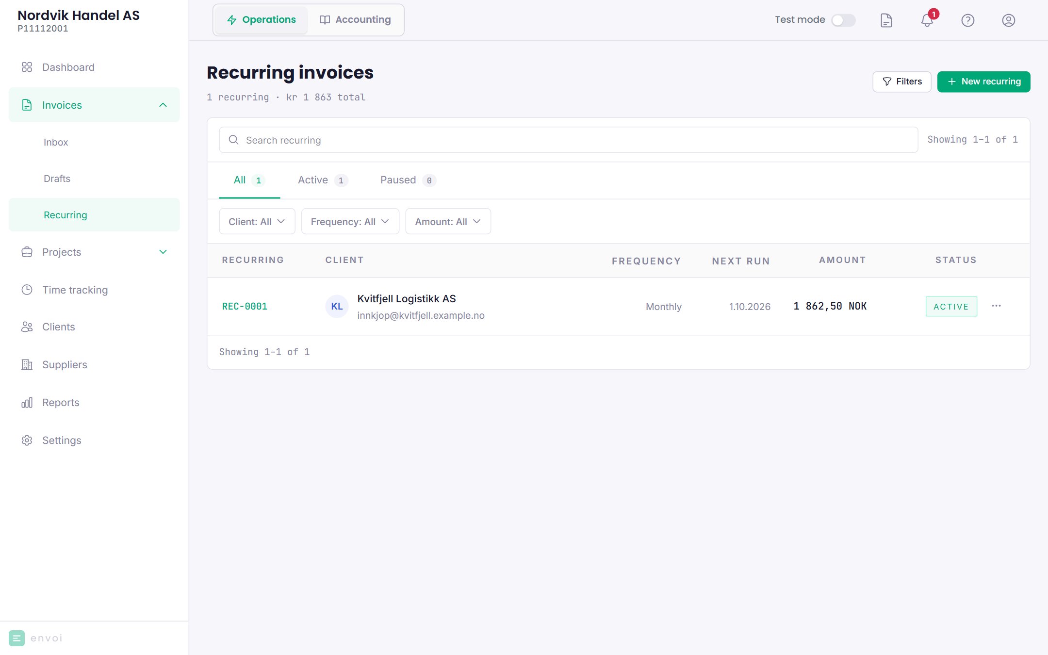 The list of recurring invoices with frequency, next date and status