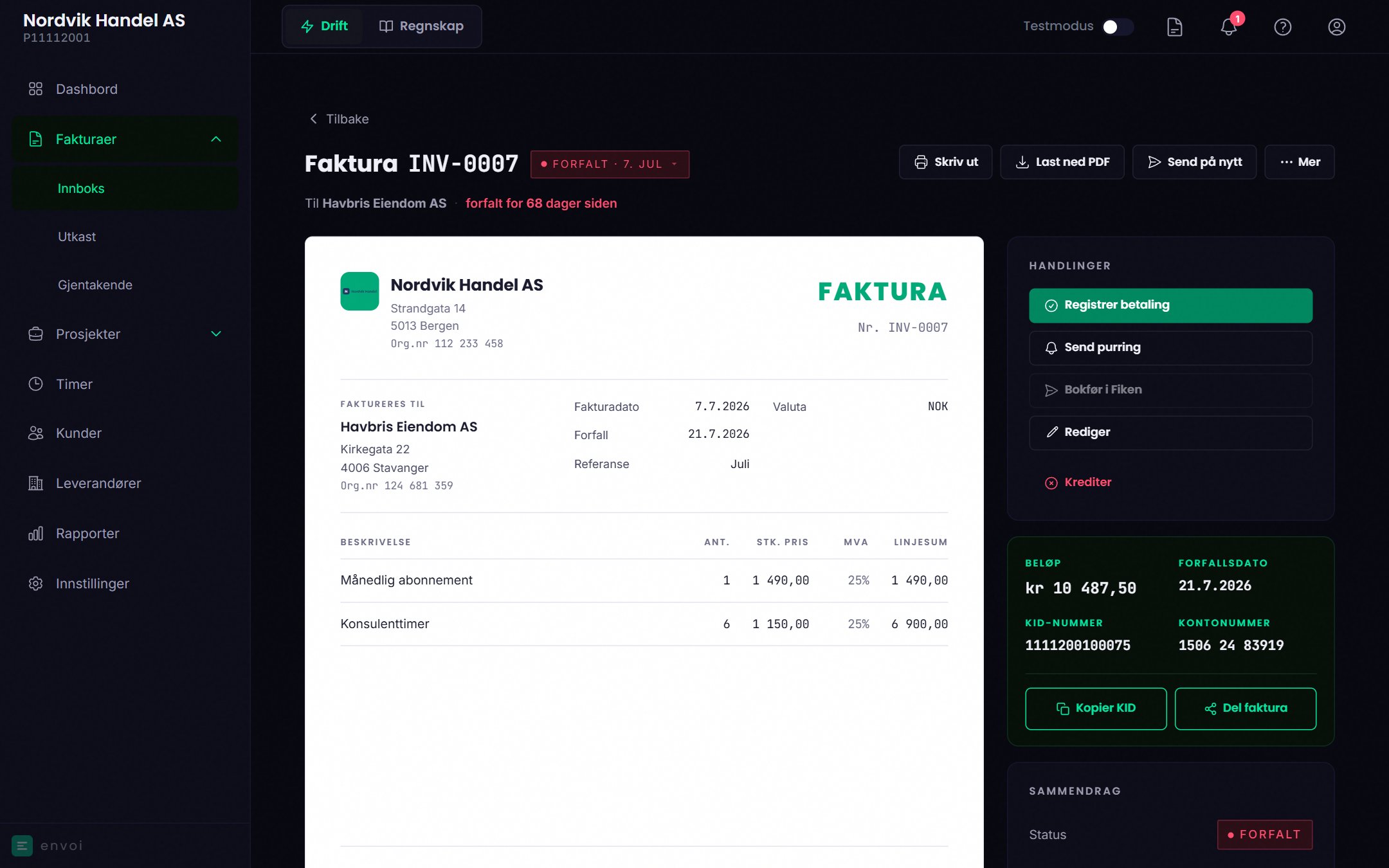 En forfalt faktura med handlingene Registrer betaling, Send purring og Krediter