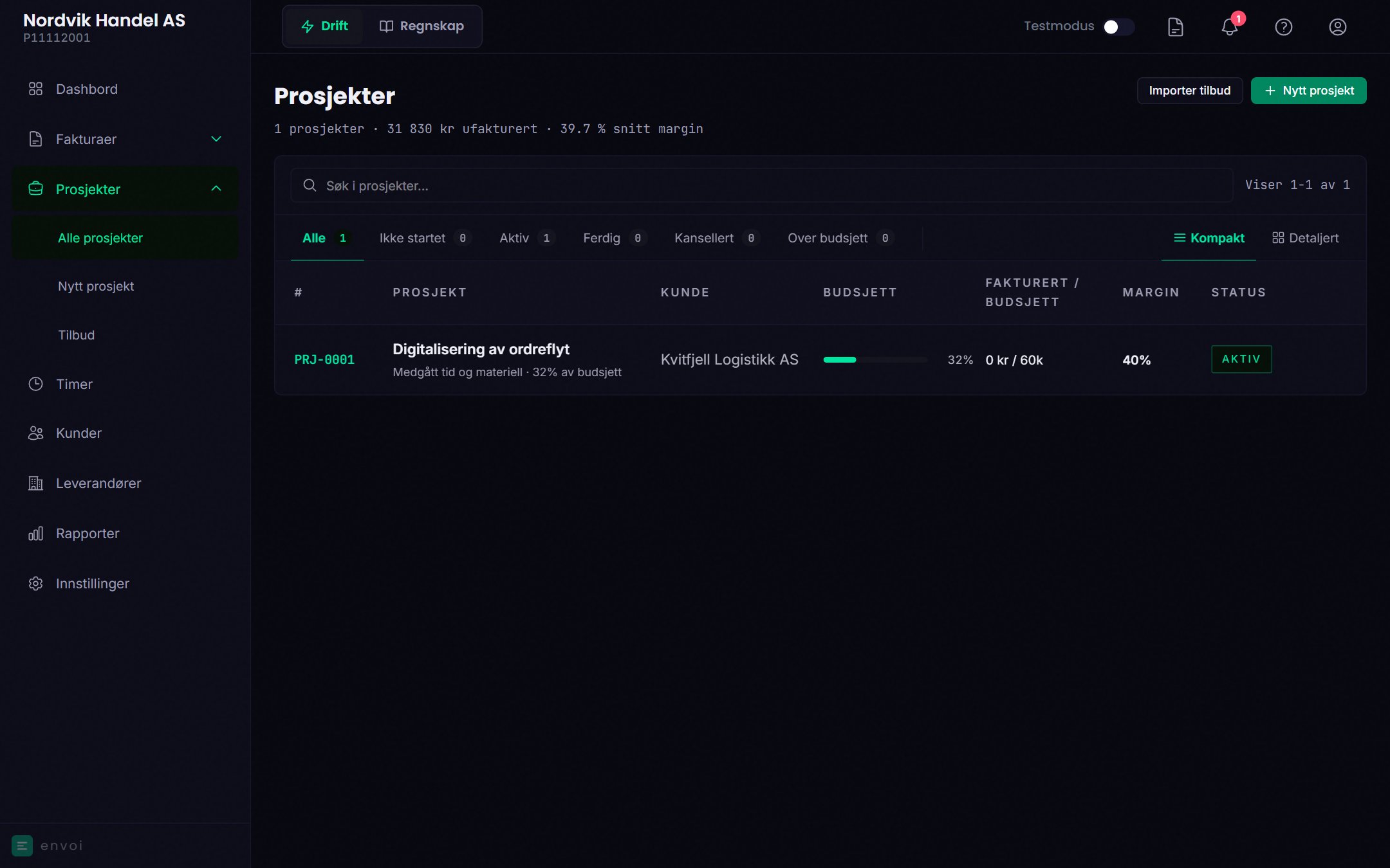 Prosjektlisten med status, ufakturert beløp og beregnet margin