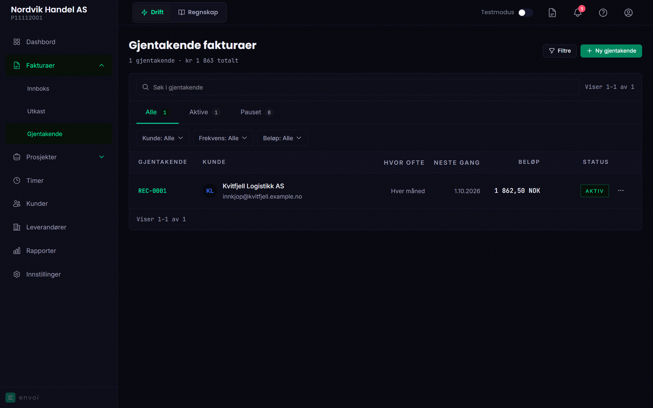 Listen over gjentakende fakturaer med frekvens, neste dato og status