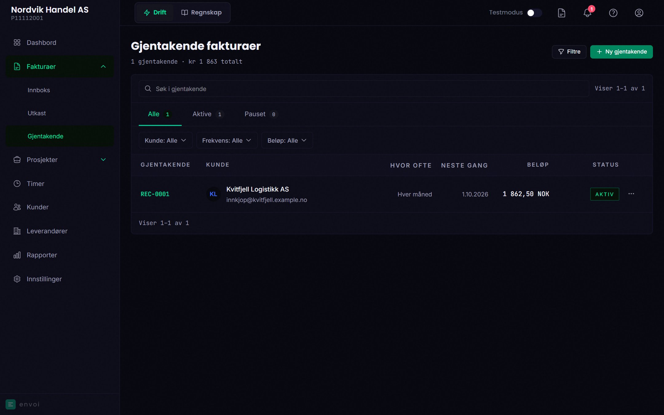 Listen over gjentakende fakturaer med frekvens, neste dato og status