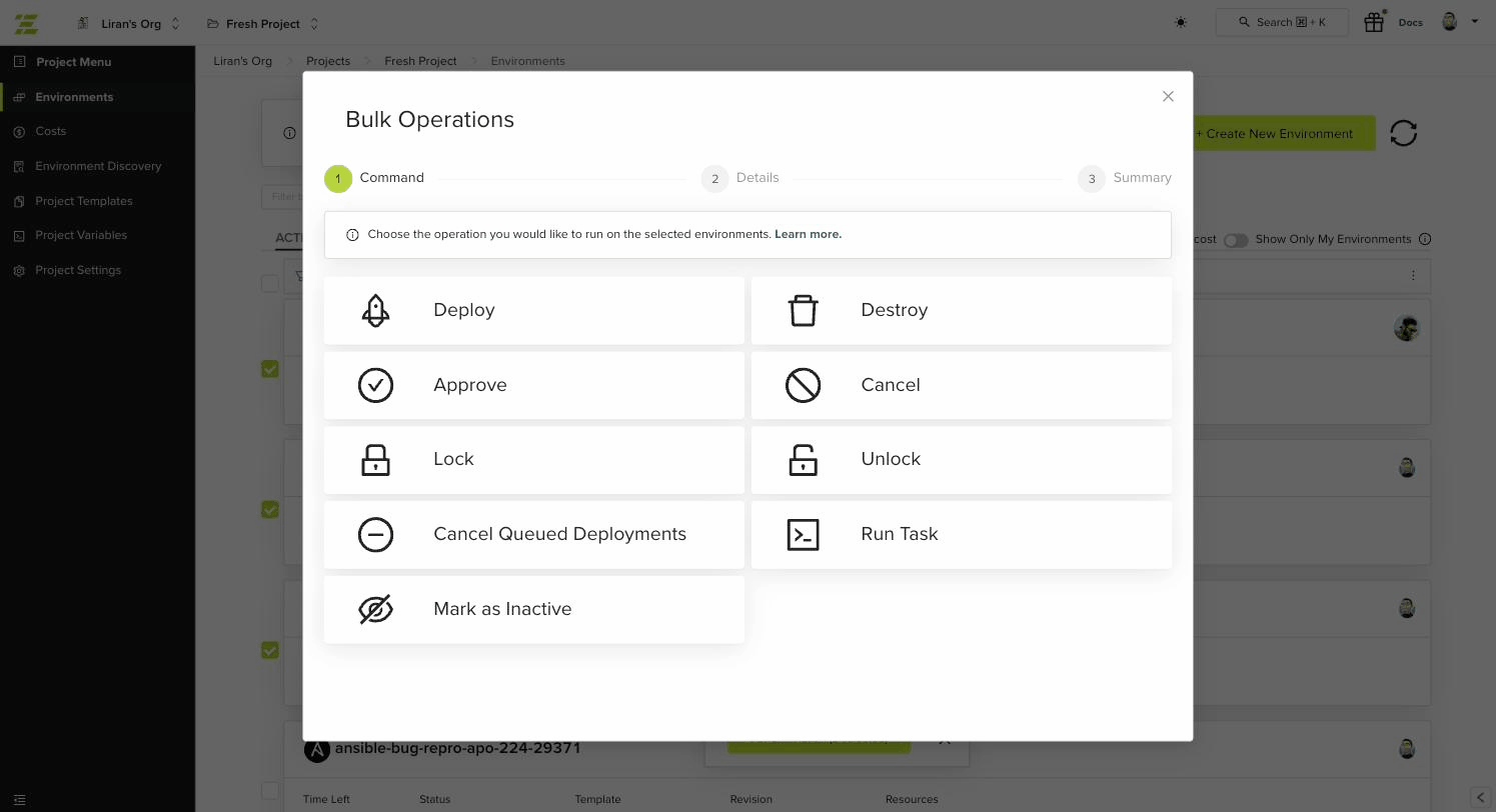 Bulk operations wizard showing available operation types to run across selected environments