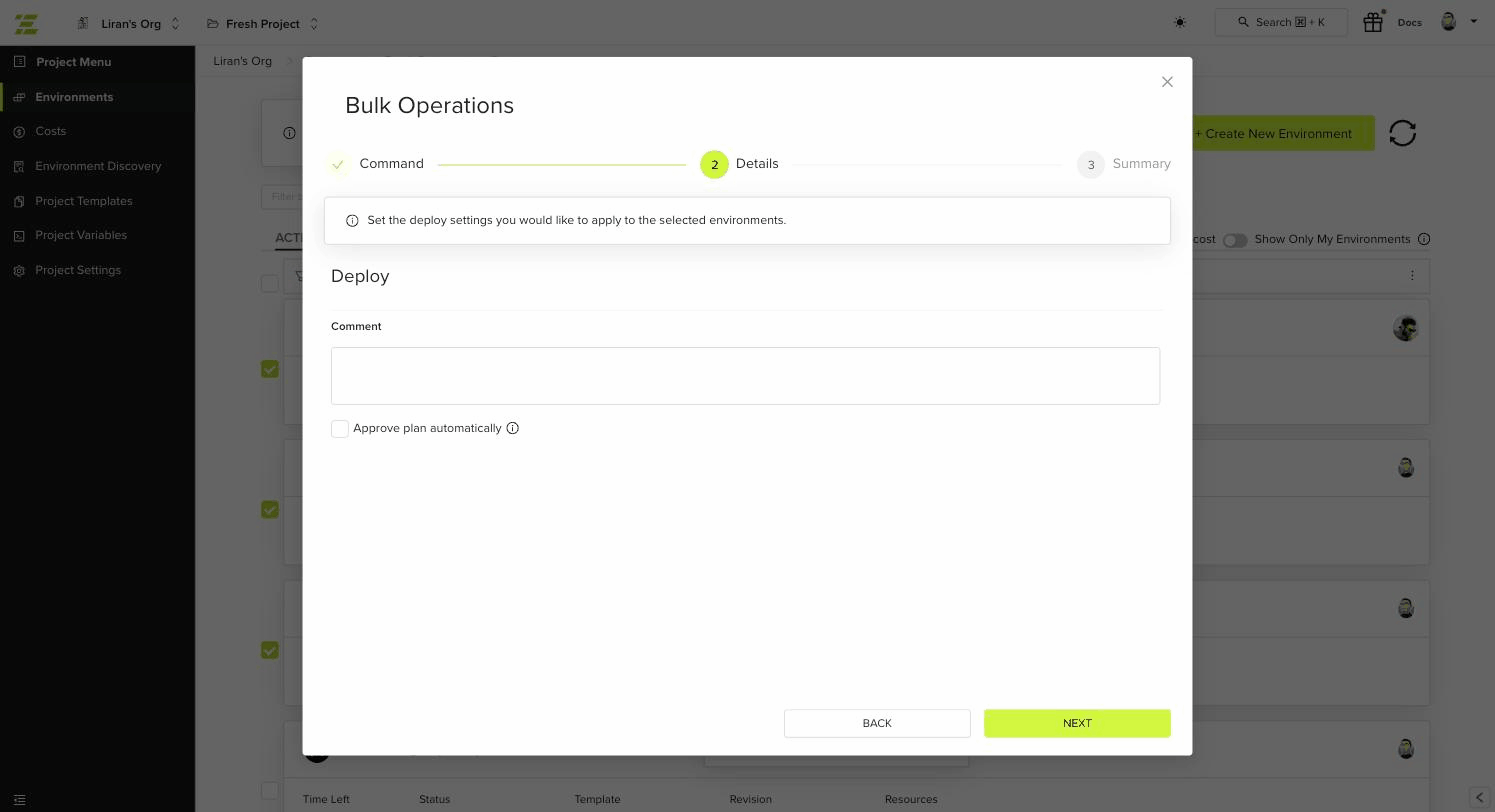 Bulk operation Details step showing the deploy settings for the selected environments