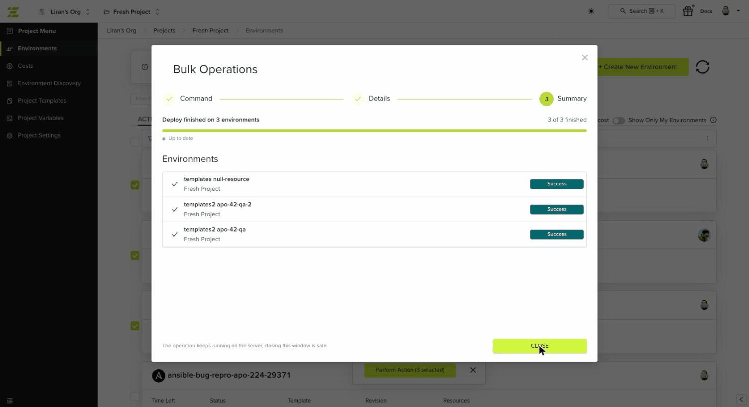 Bulk operation results panel after every environment finished successfully