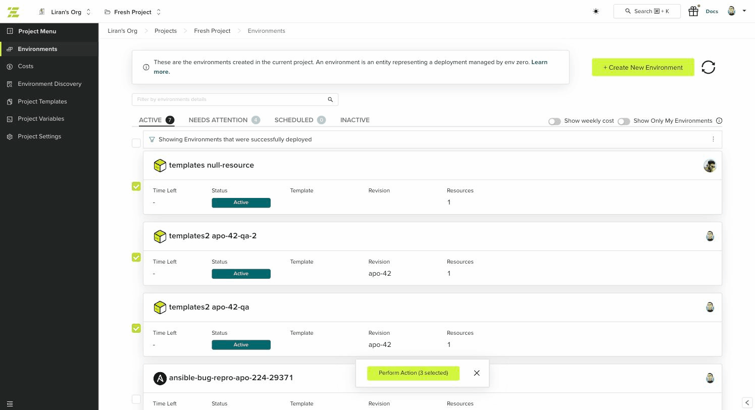 Three environments checked in selection mode, with the Perform Action button showing the count