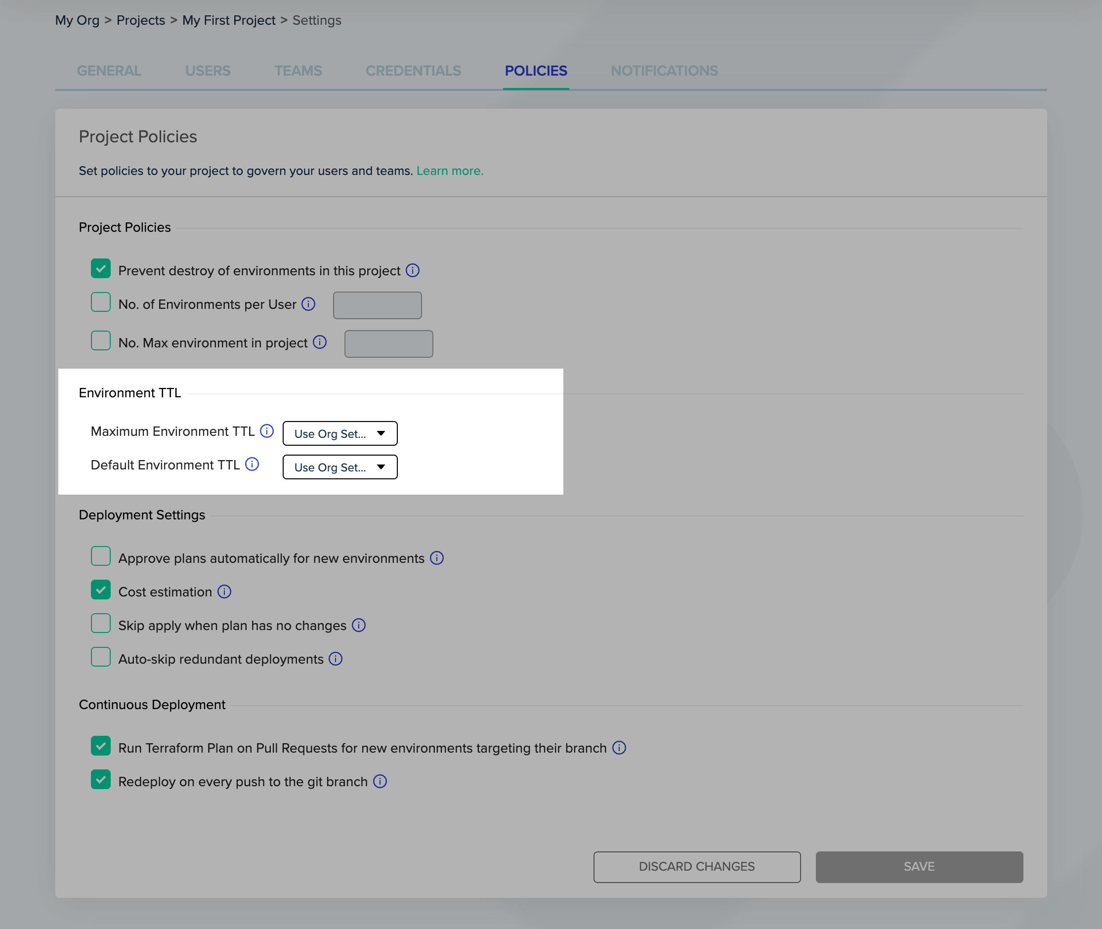 Project Settings - Policies - TTL
