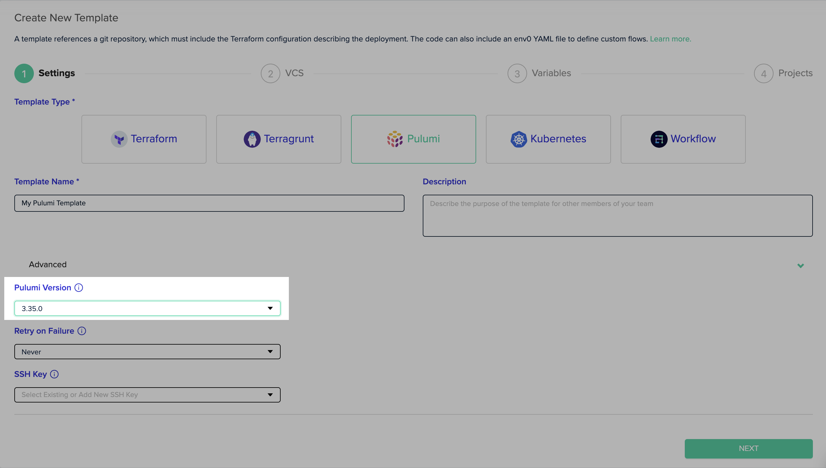 Pulumi version management interface showing version selection and configuration options