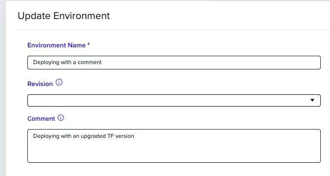 Deployment comment input interface showing comment field with markdown support