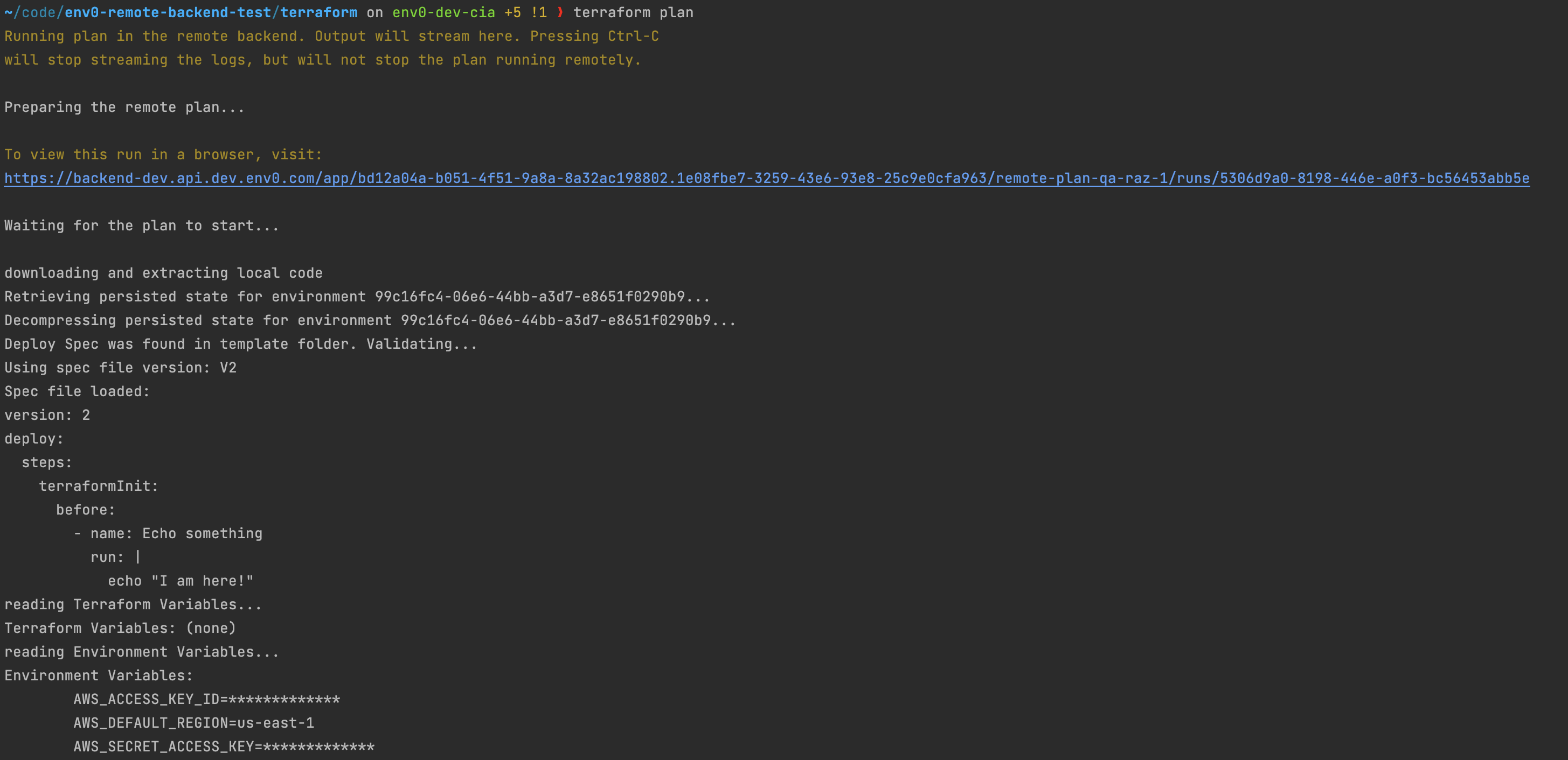 Remote Plan execution interface showing terraform plan command execution in env0 platform