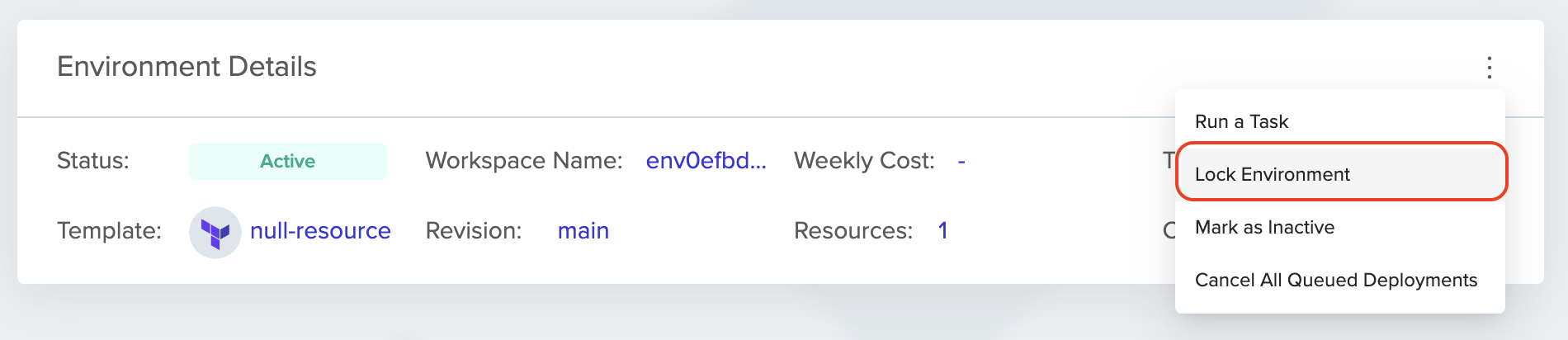 Environment context menu showing Lock Environment option in advanced settings