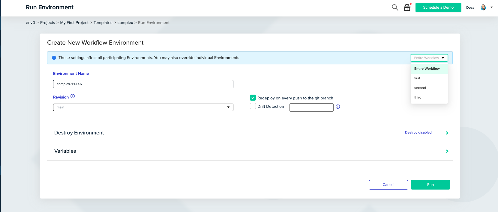 Workflow settings interface showing individual environment configuration options for variables, revisions, and workspace names