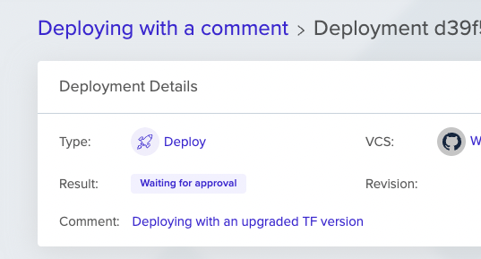 Deployment details section showing displayed comment with formatting