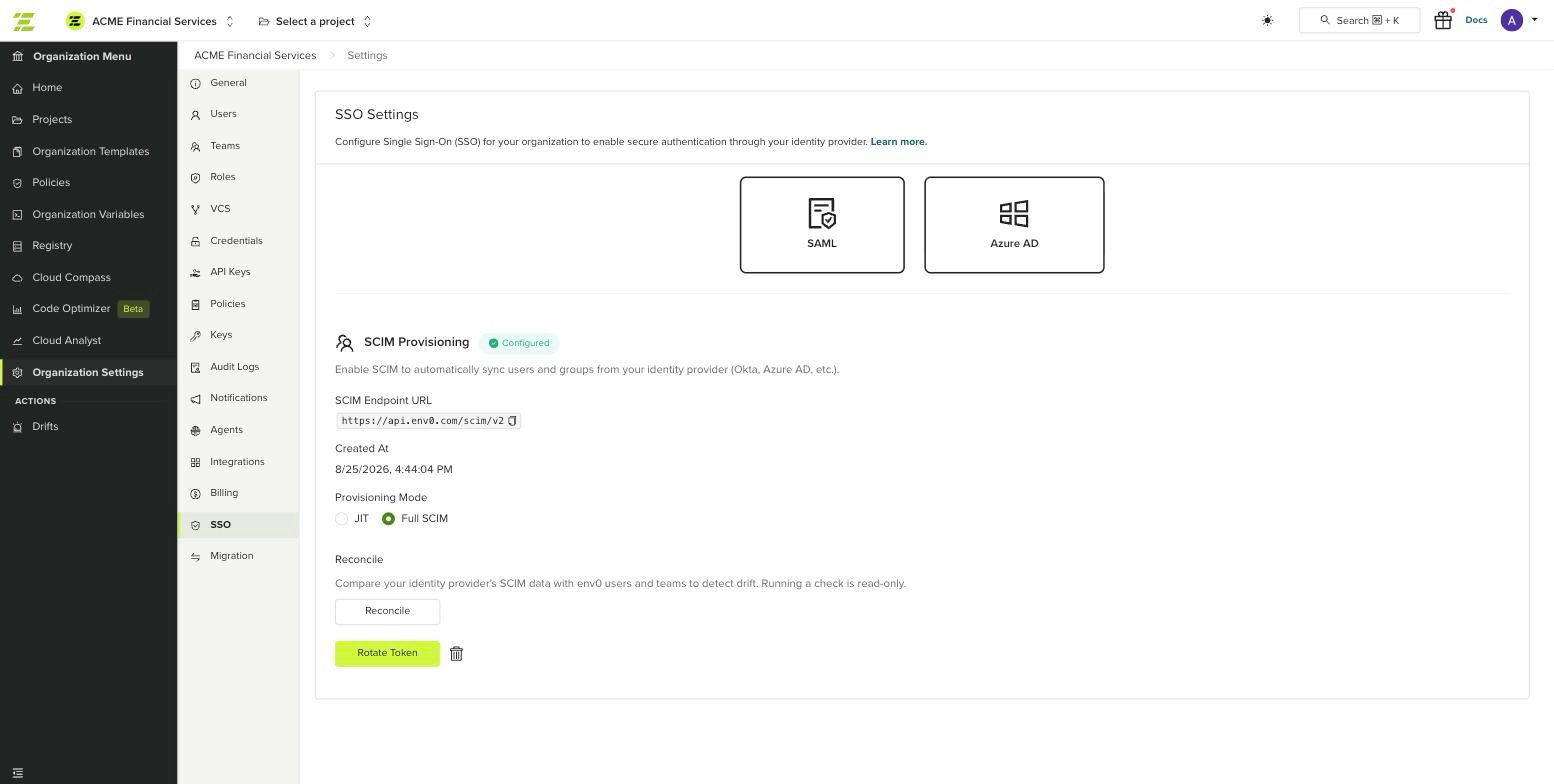 SCIM Provisioning configured state showing the endpoint URL, creation date, and provisioning mode set to Full SCIM