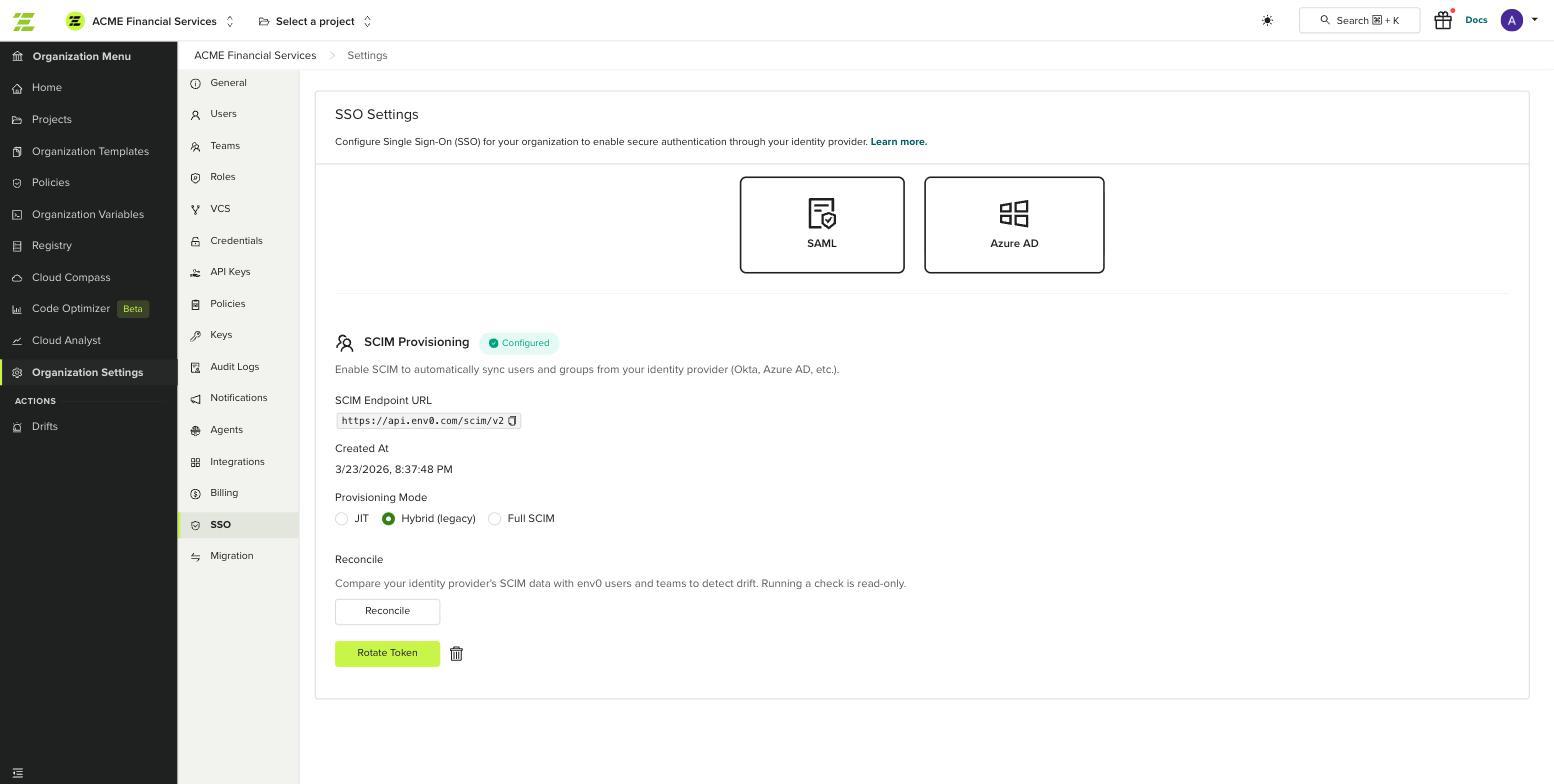 SCIM Provisioning section with the Provisioning Mode selector showing JIT, Hybrid (legacy), and Full SCIM options