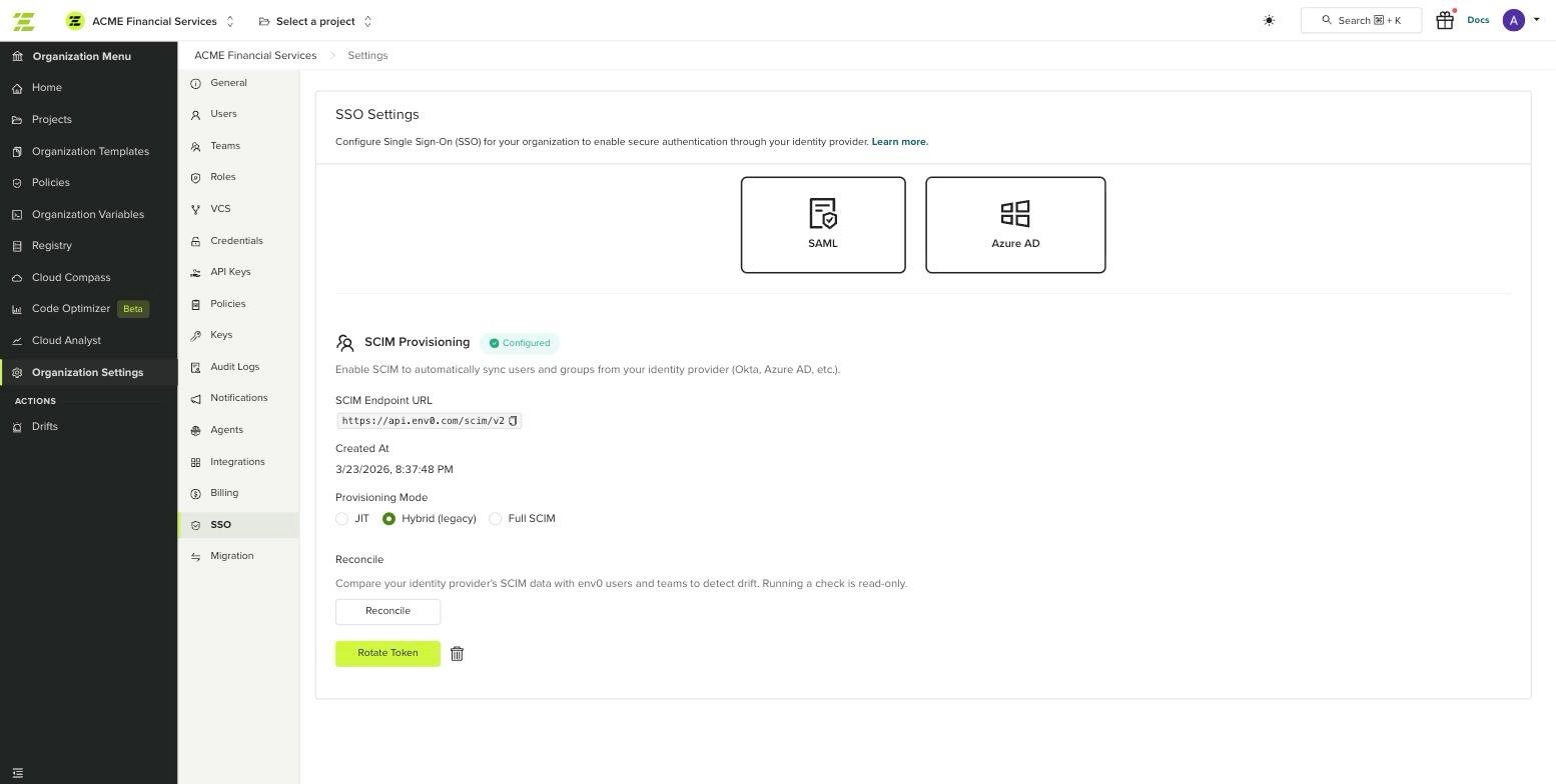 SCIM Provisioning section with the Provisioning Mode selector showing JIT, Hybrid (legacy), and Full SCIM options