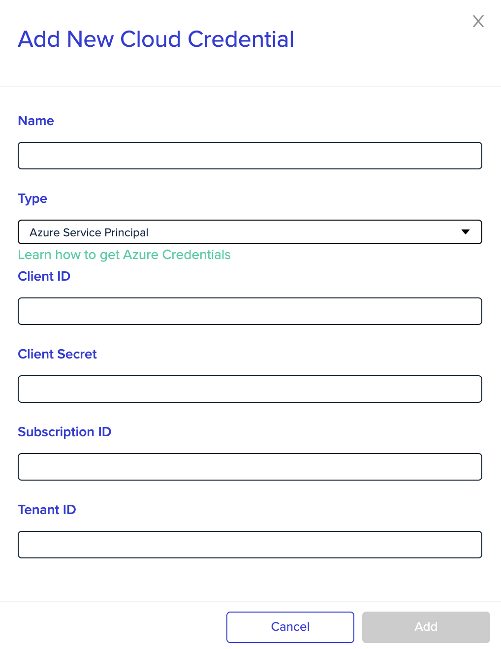Azure Service Principal configuration interface