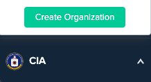 Organization drawer interface showing Create Organization button in bottom left corner