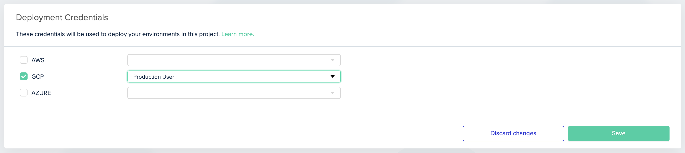Project credentials interface showing GCP credential selection