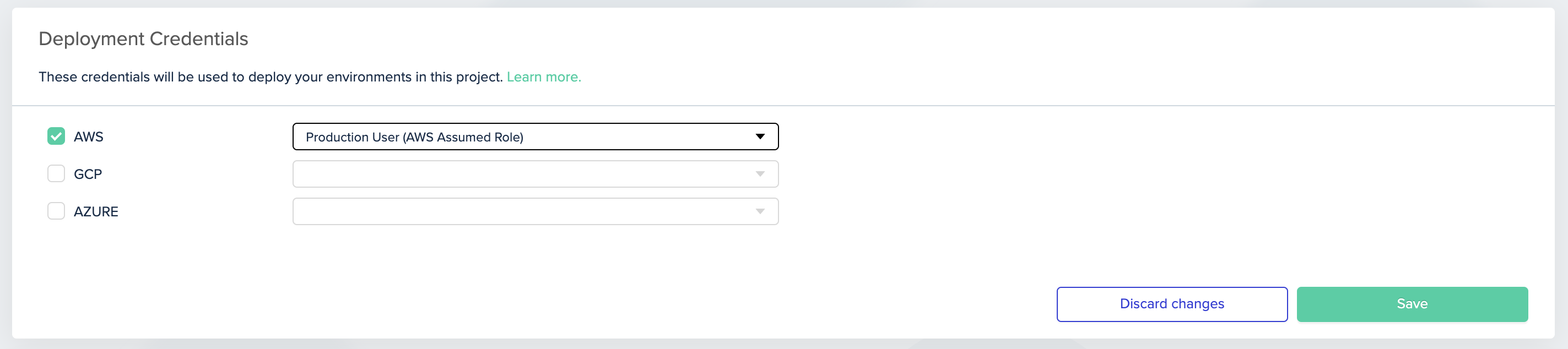 Project settings interface showing credential selection for AWS assumed role