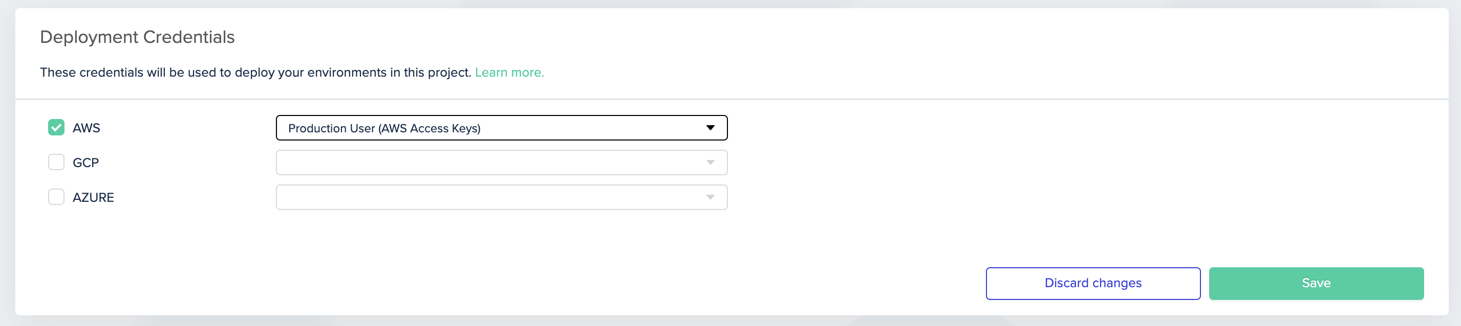 Project credentials interface showing AWS credential selection