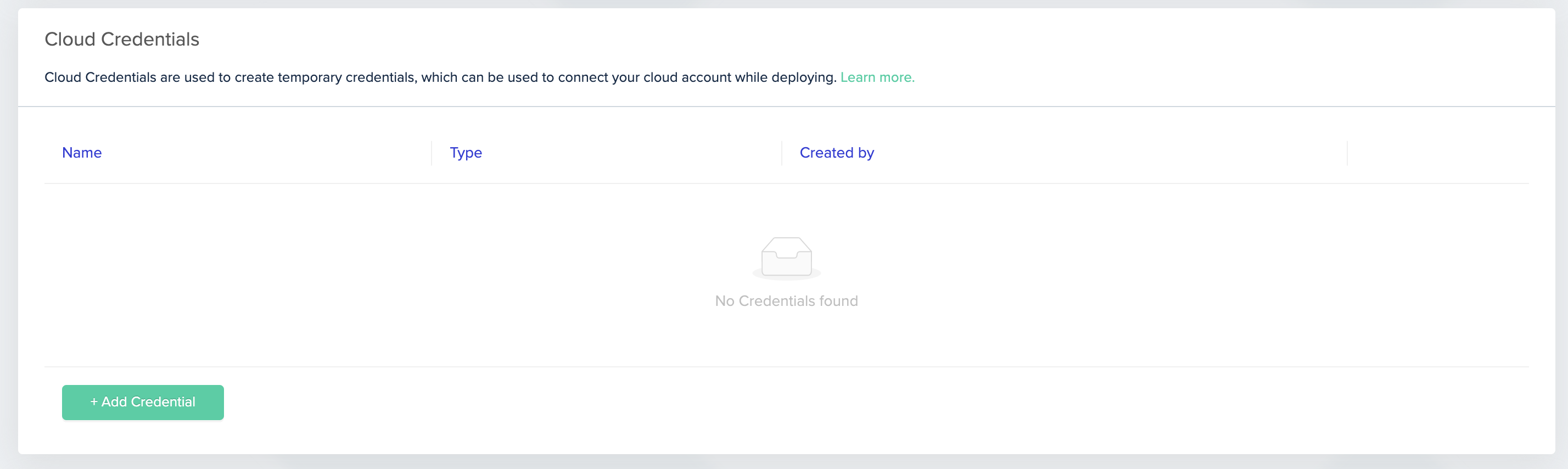 Cloud Credentials interface showing Add Credential button and credential management options