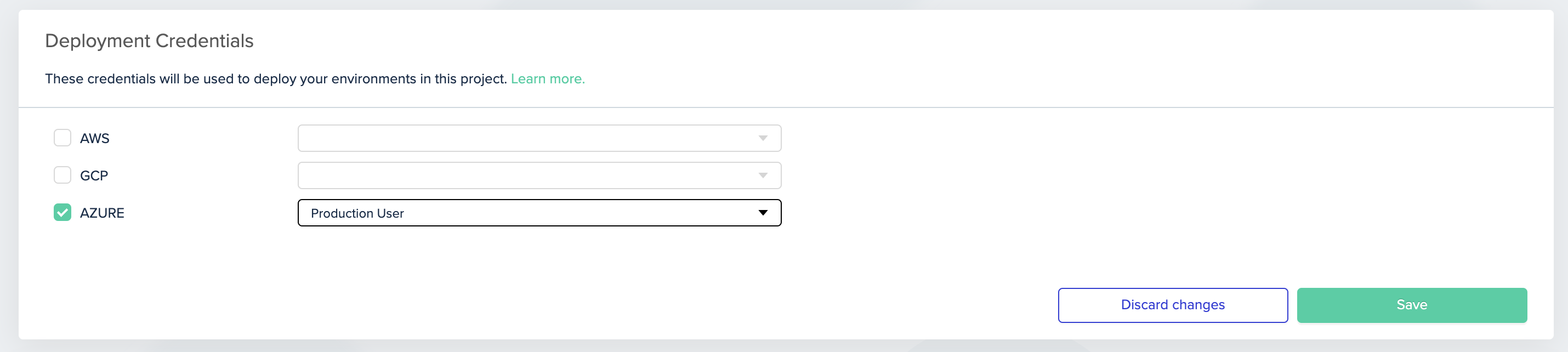 Project credentials interface showing Azure credential selection