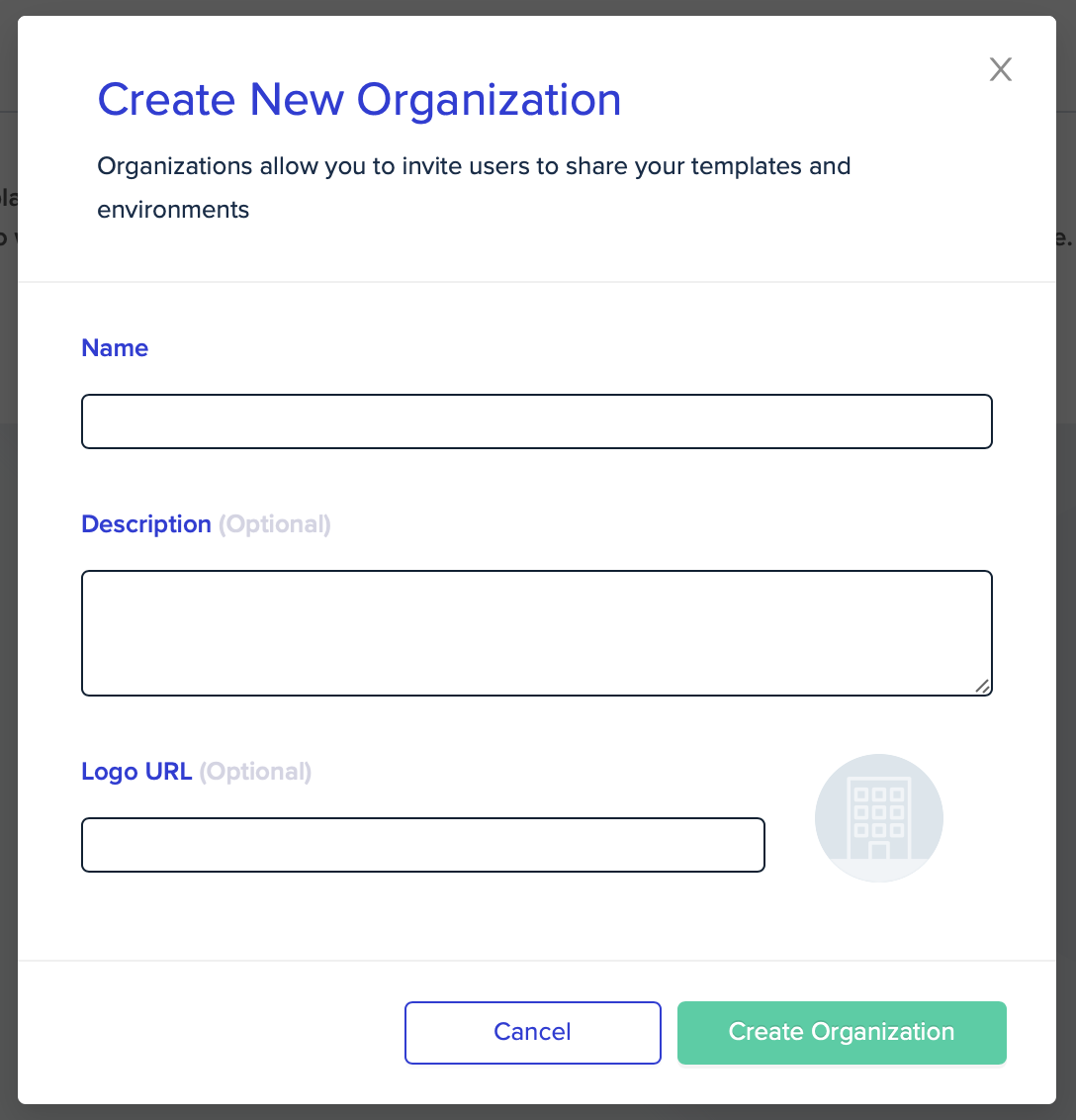 Create Organization dialog box showing organization name input field