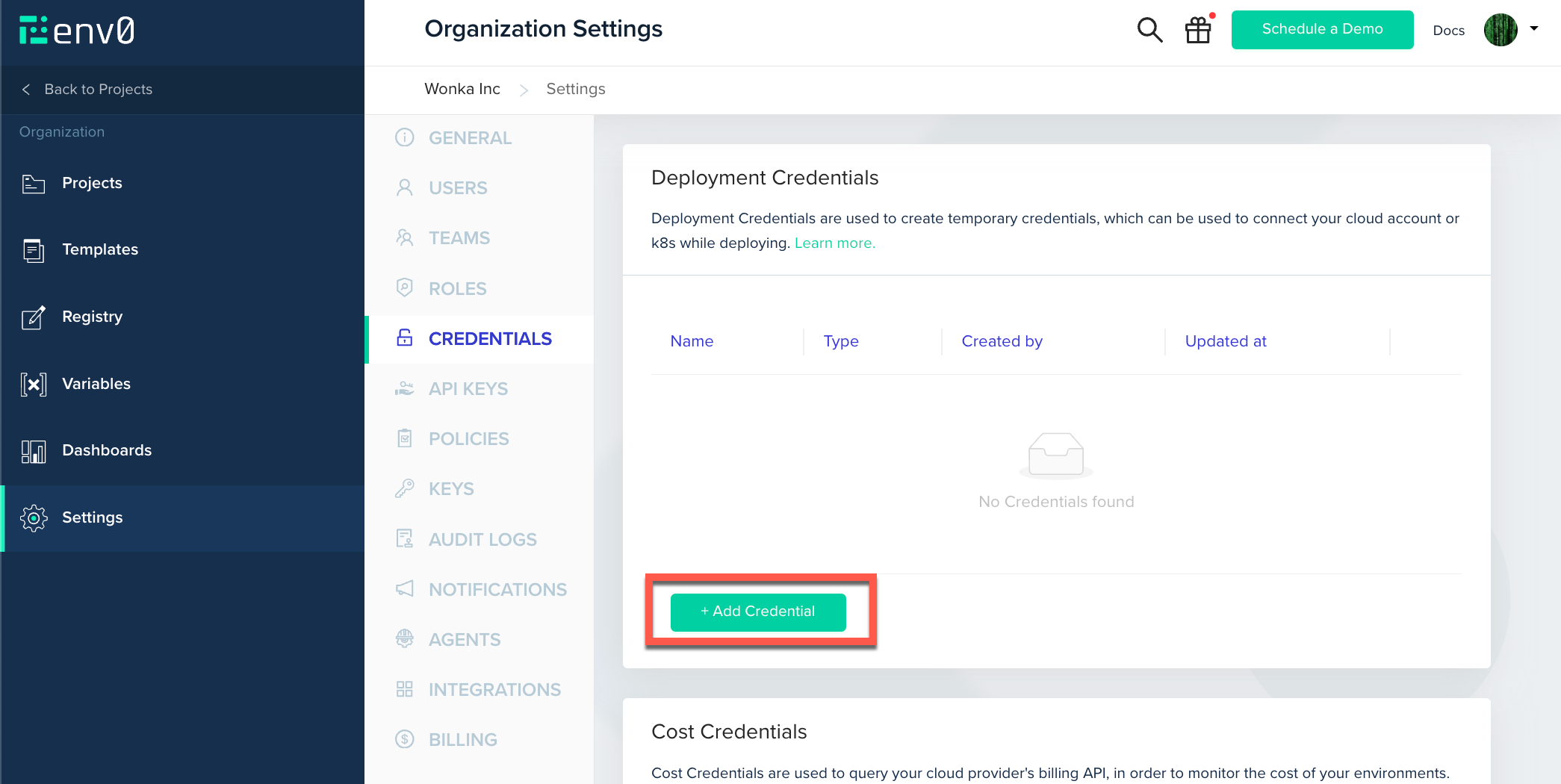 Organization credentials interface showing credential management options