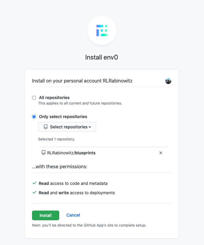 GitHub repository selection interface