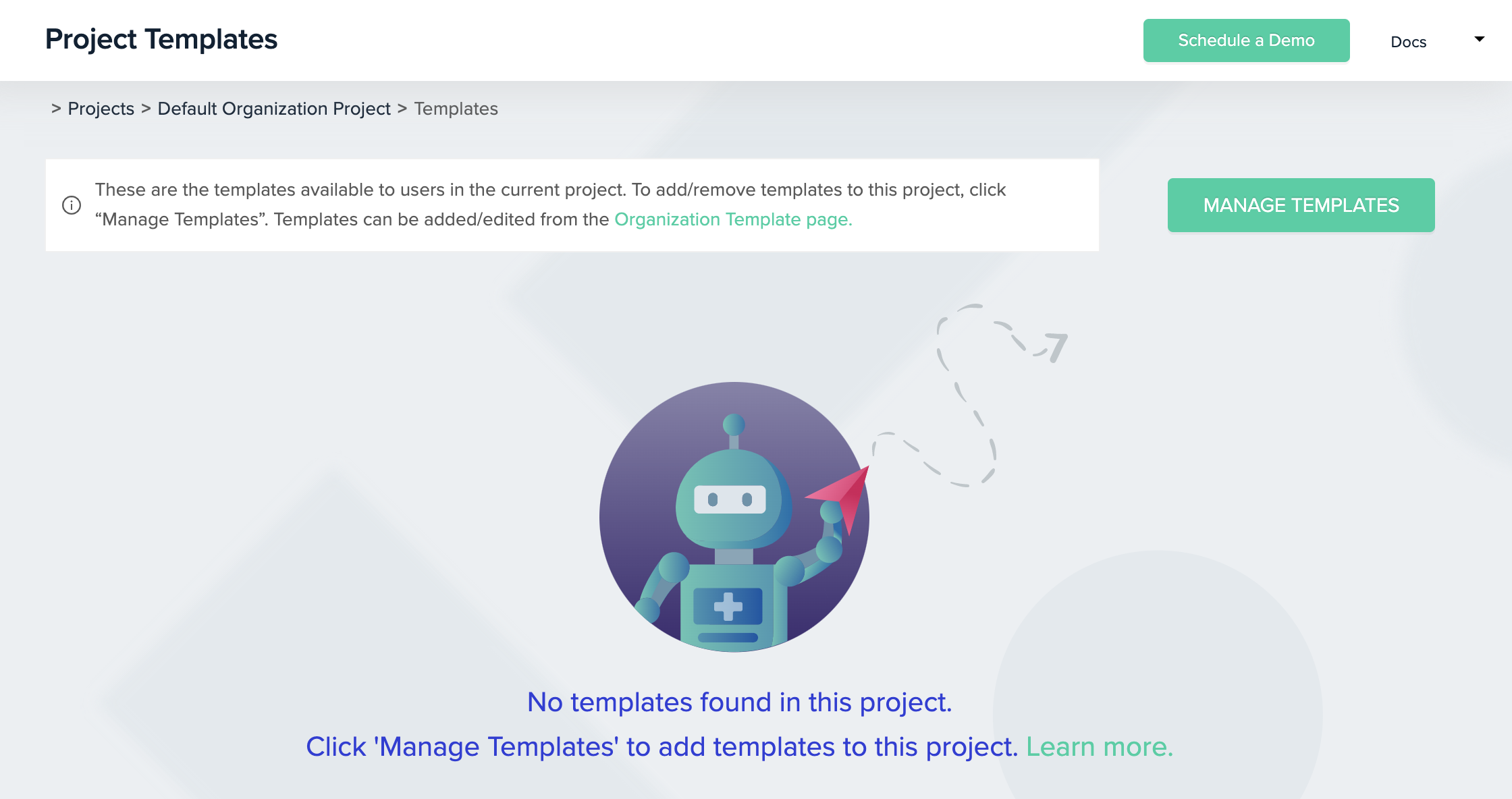 Project templates page navigation