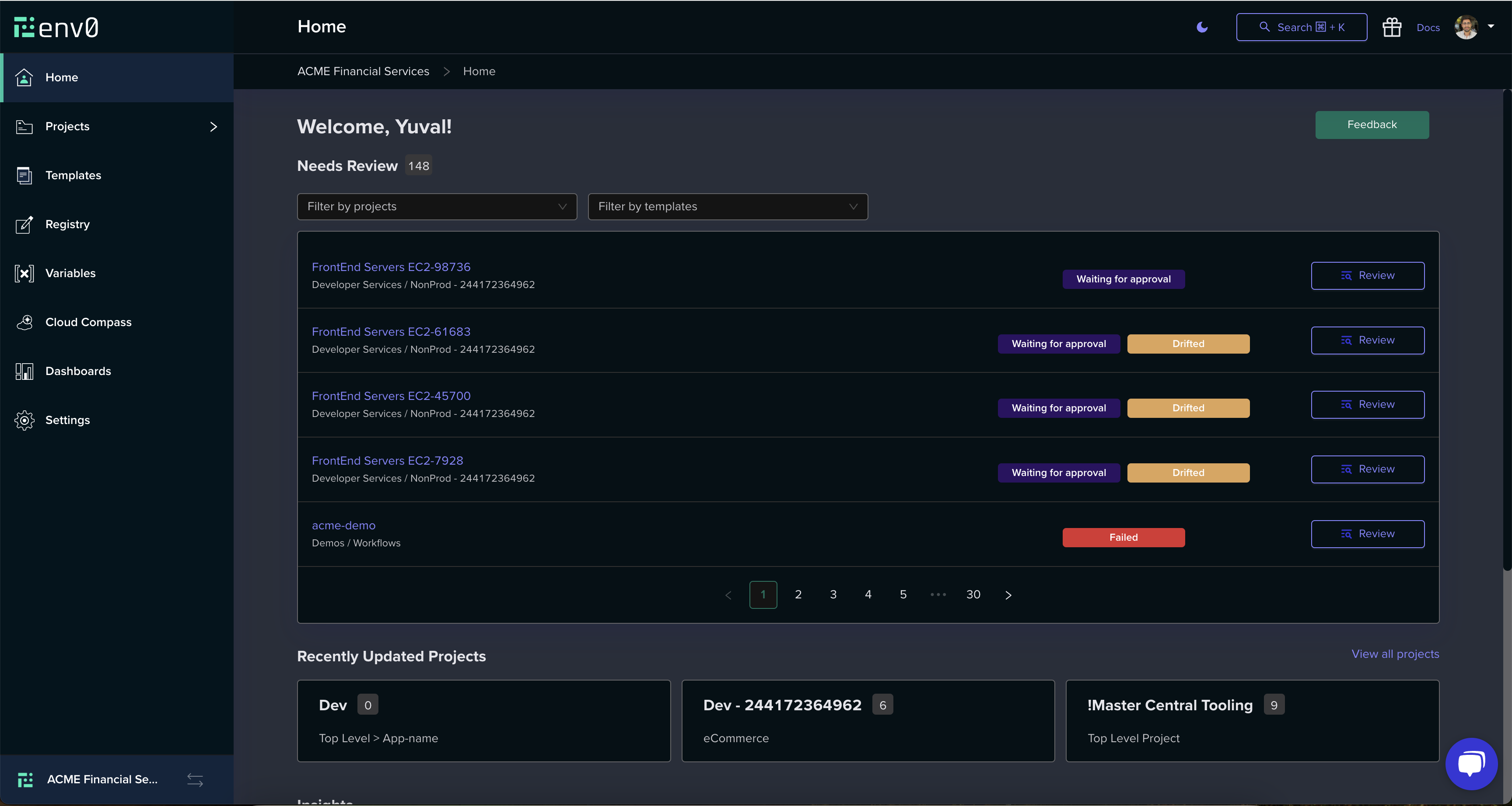 New env zero homepage showing Needs Review, Recently Updated Projects, and Insights sections