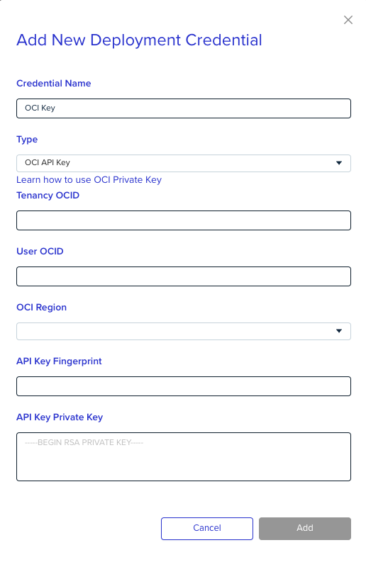 Oracle Cloud Infrastructure credentials configuration interface in Organization Settings