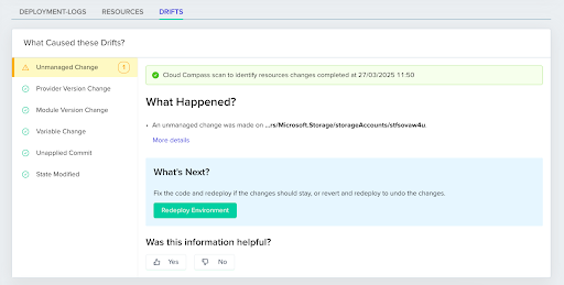 Drift Cause Analysis interface showing AI-powered explanations for drifted resources with remediation actions