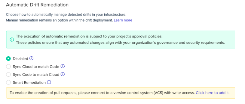 Policy configuration interface for automated drift remediation settings
