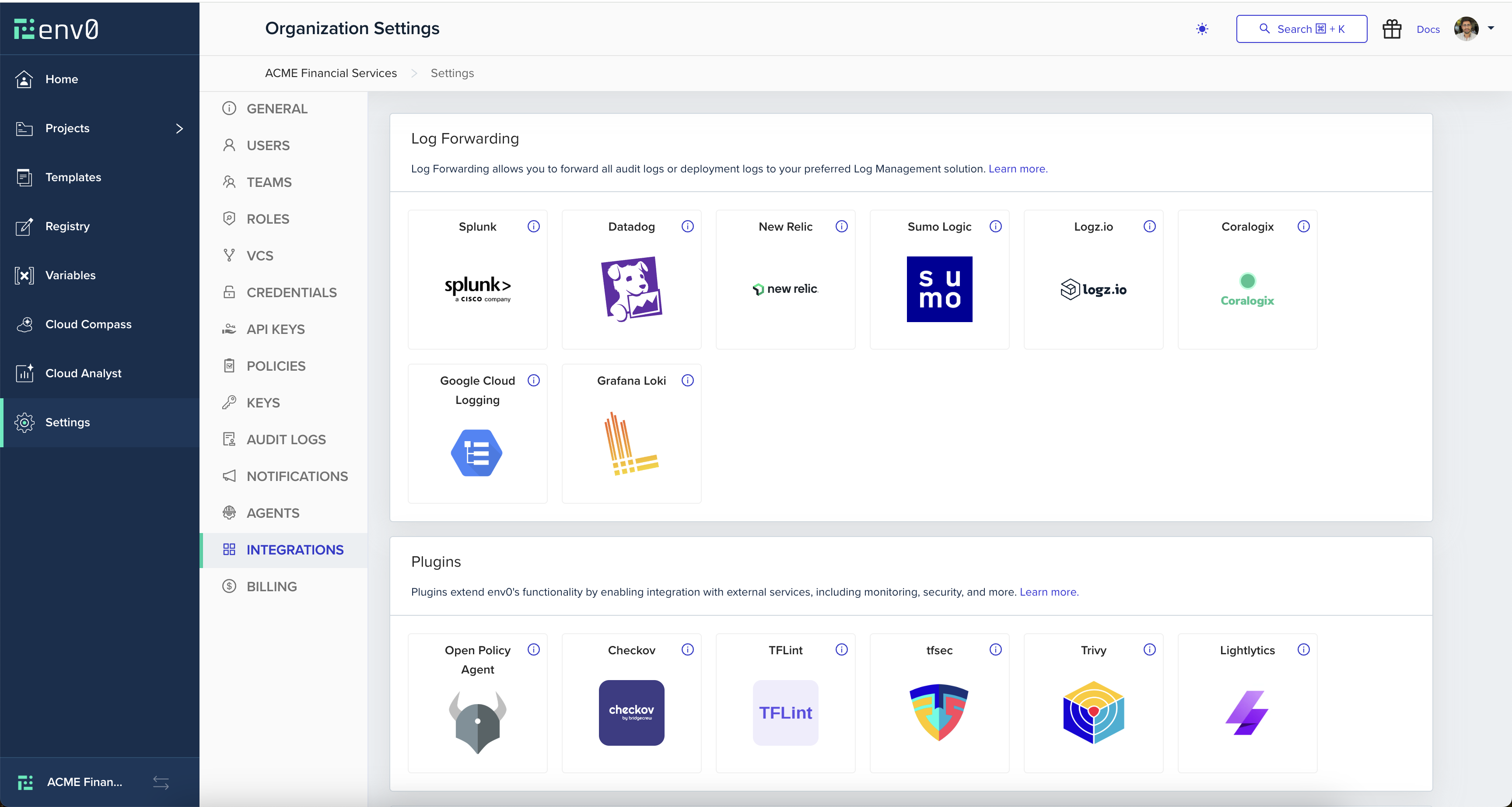 Integrations page showing audit log forwarding configuration options