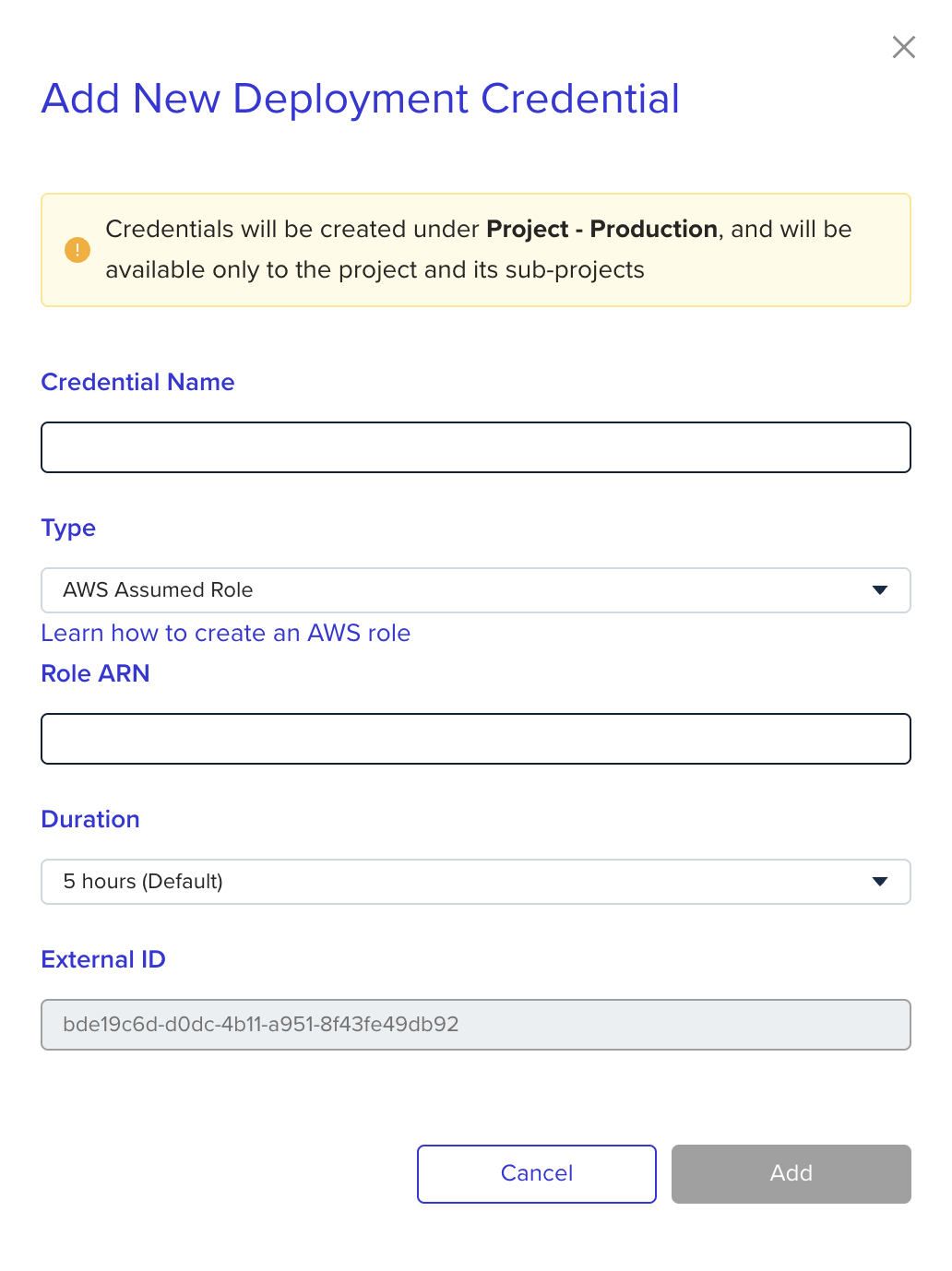 Project-level credentials configuration interface in project settings