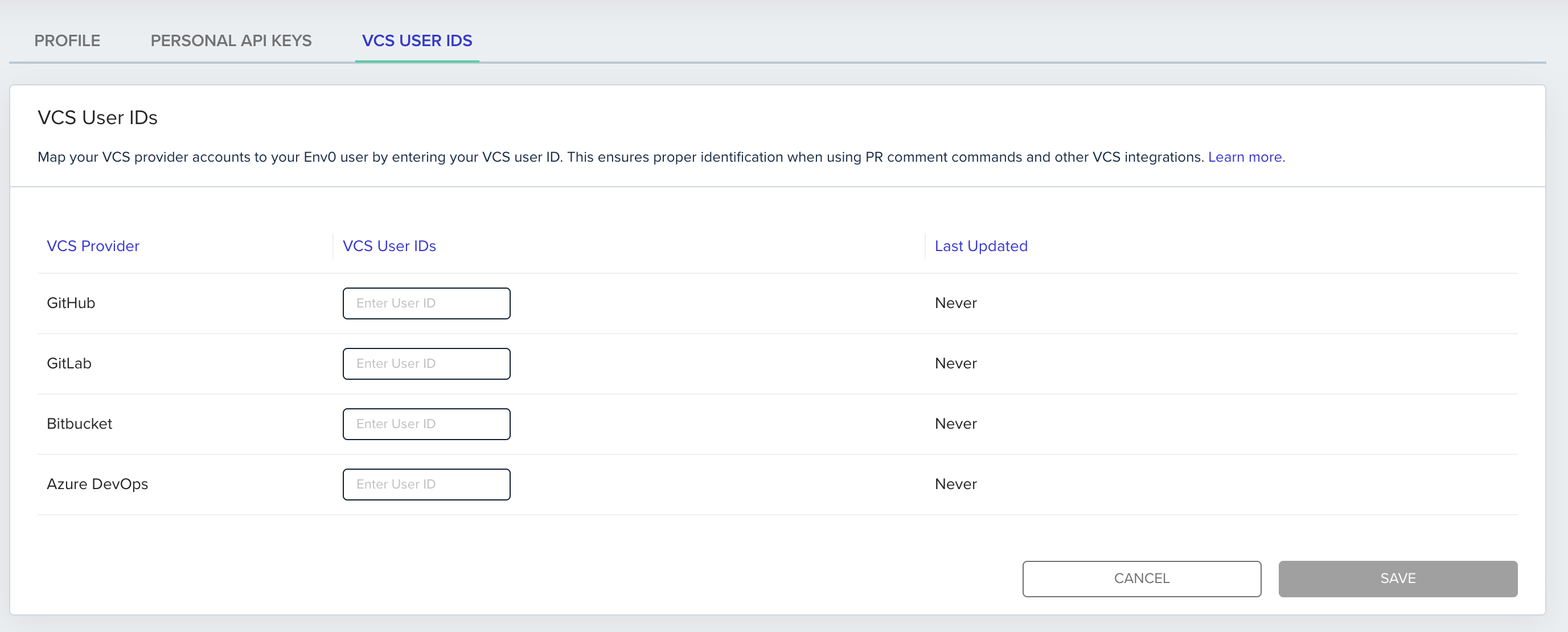 VCS user mapping interface showing multiple provider account connections to single env zero user