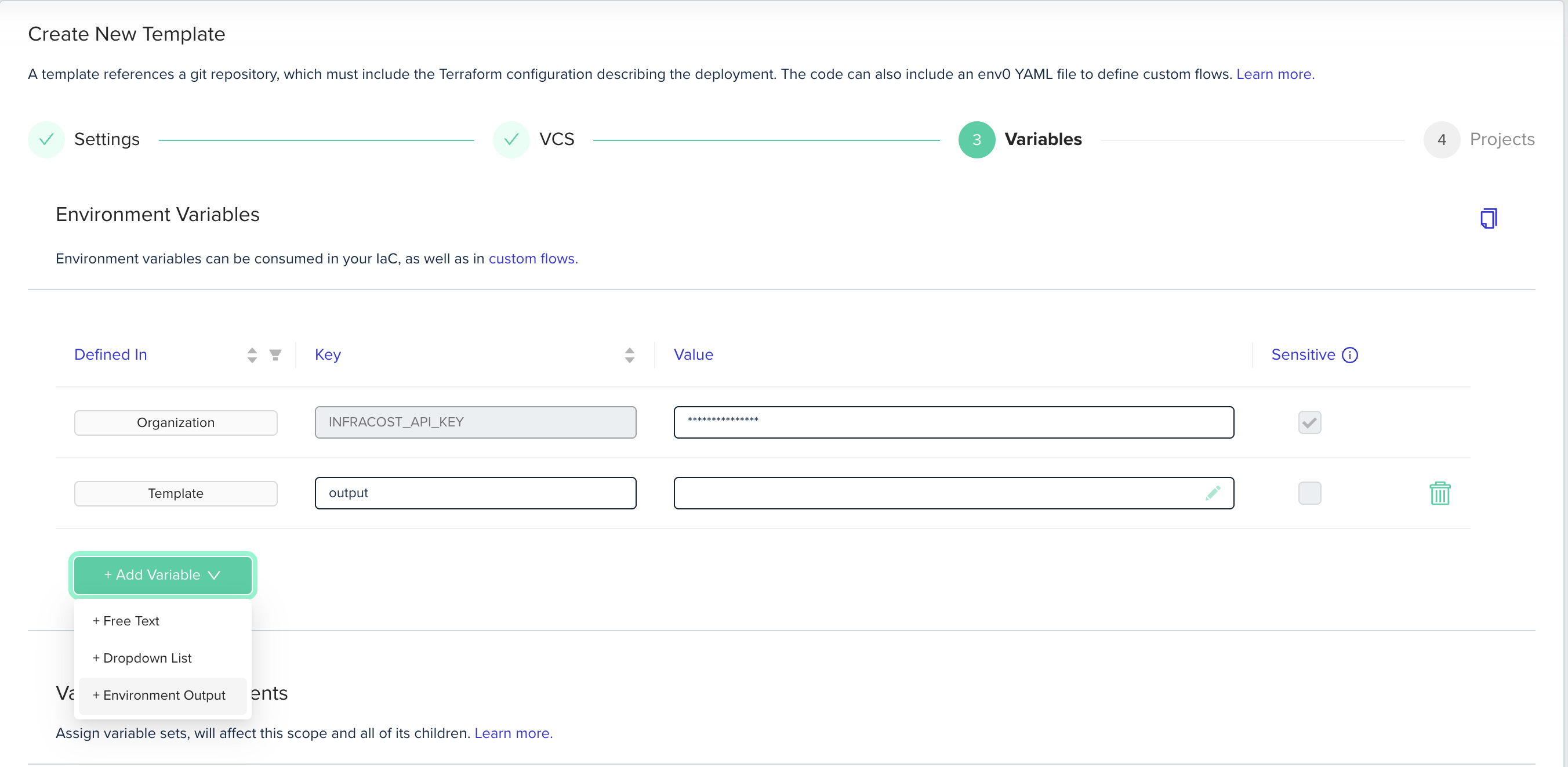 Workflow template configuration showing environment output variables and dependencies