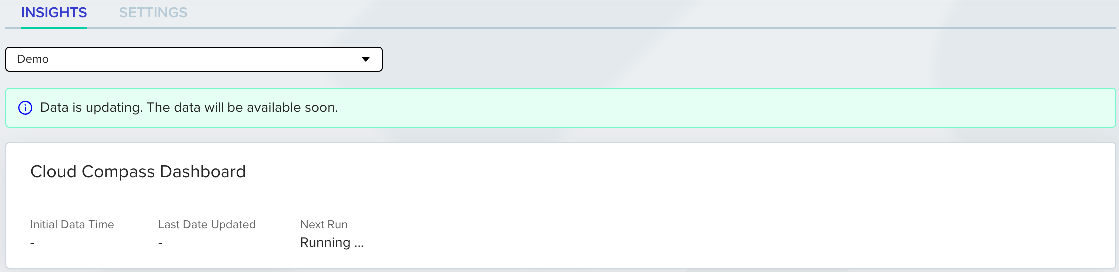 Cloud Compass Insights tab showing a data fetching run in progress after account creation