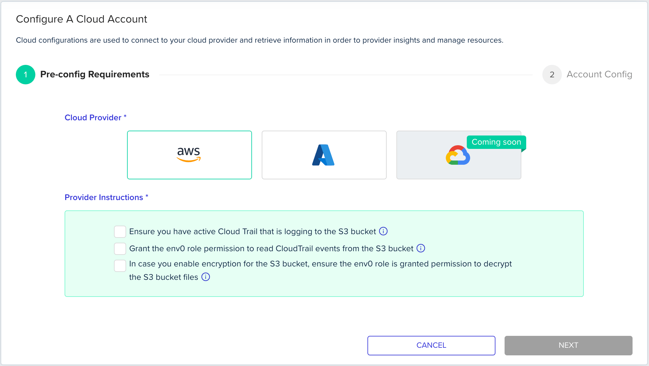 Cloud Account configuration wizard for AWS showing the initial setup form