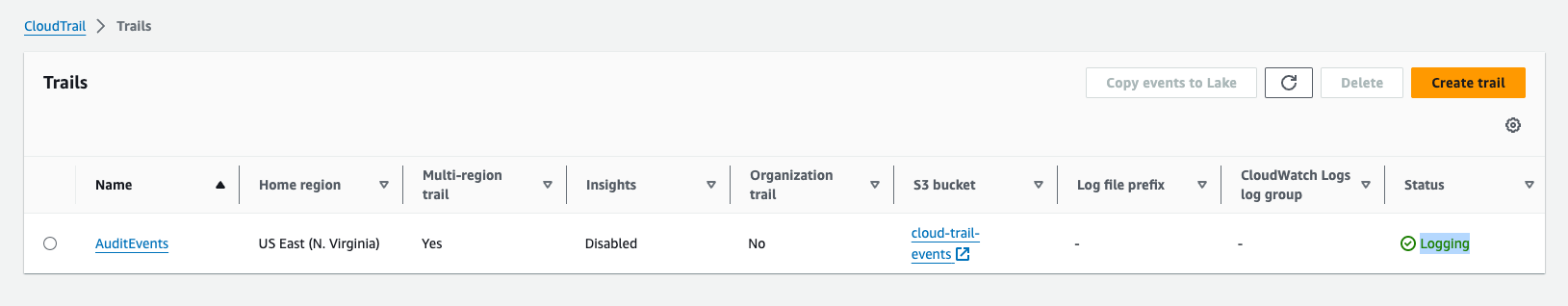 AWS CloudTrail Trails list showing a trail in Logging status