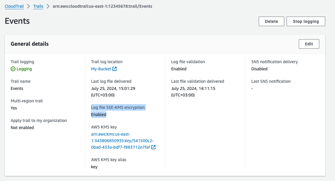 AWS CloudTrail trail details showing Log file SSE-KMS encryption enabled status