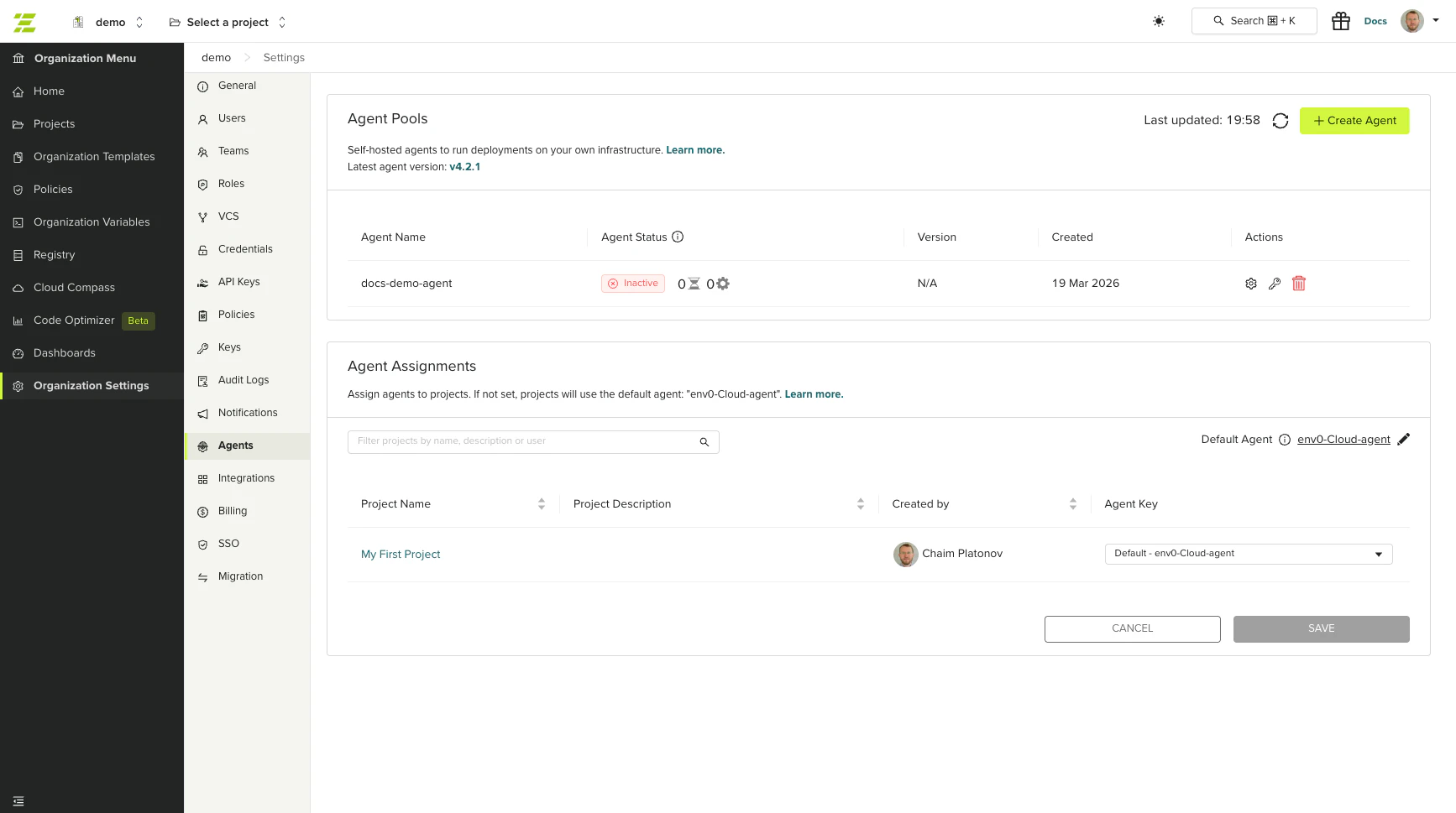 Agent Pools page showing agent list with status, version, and actions