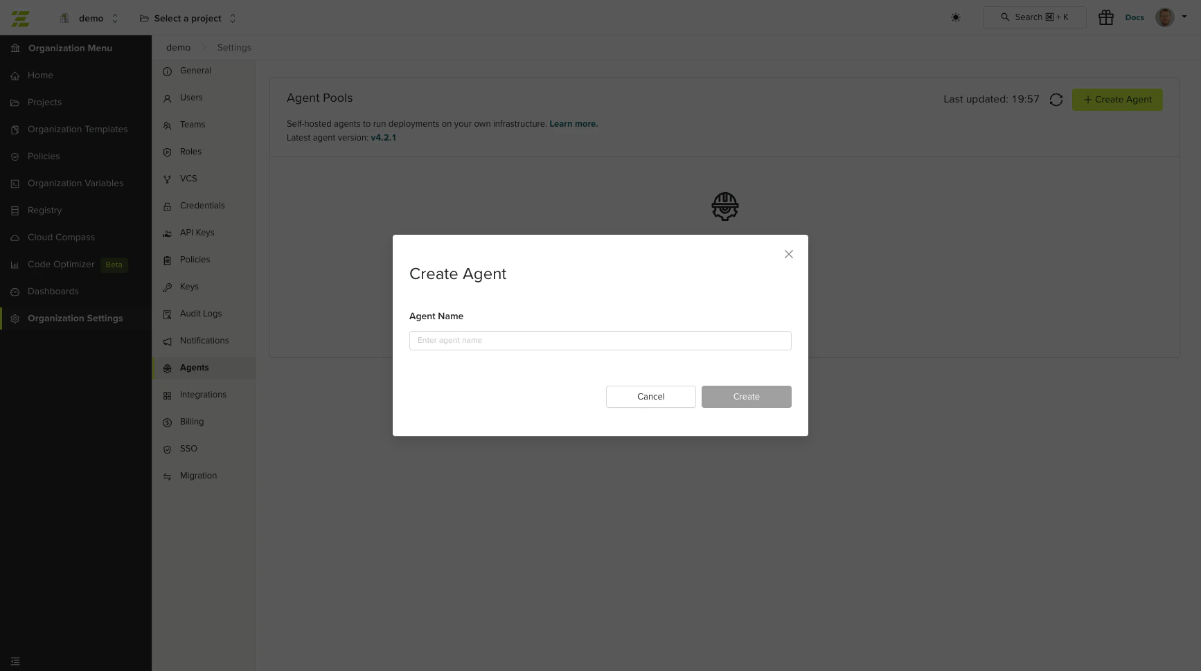 Create Agent modal showing name input field