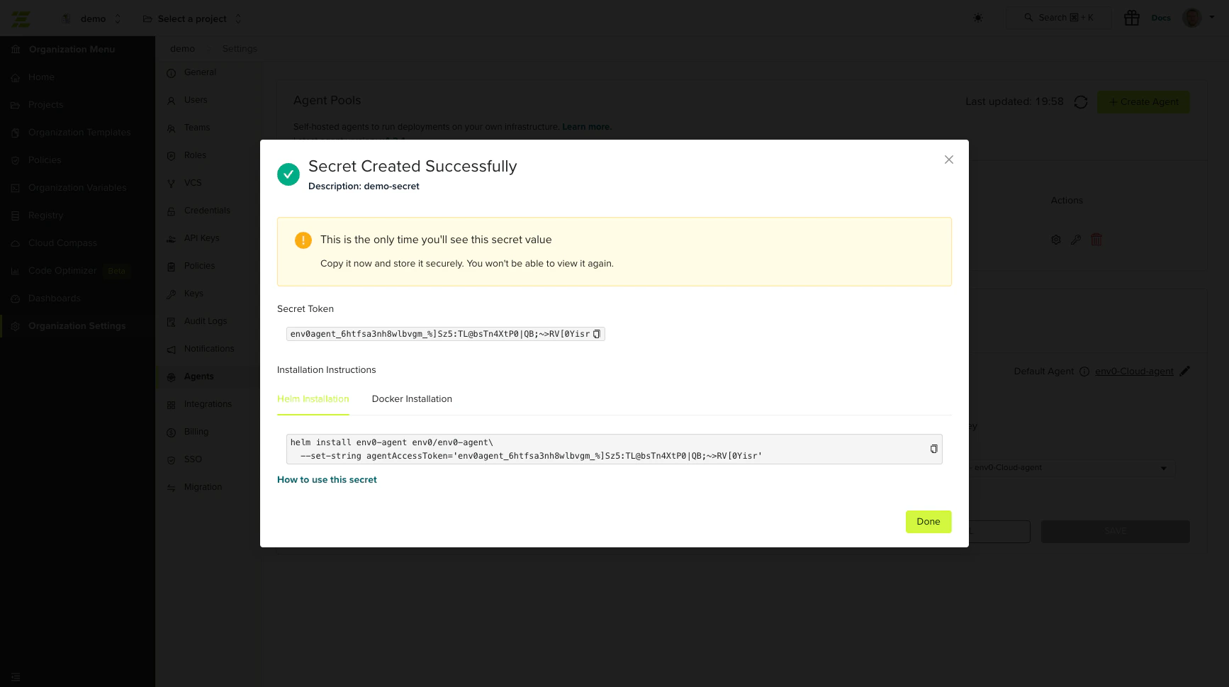 Create Secret modal showing the generated token and install commands
