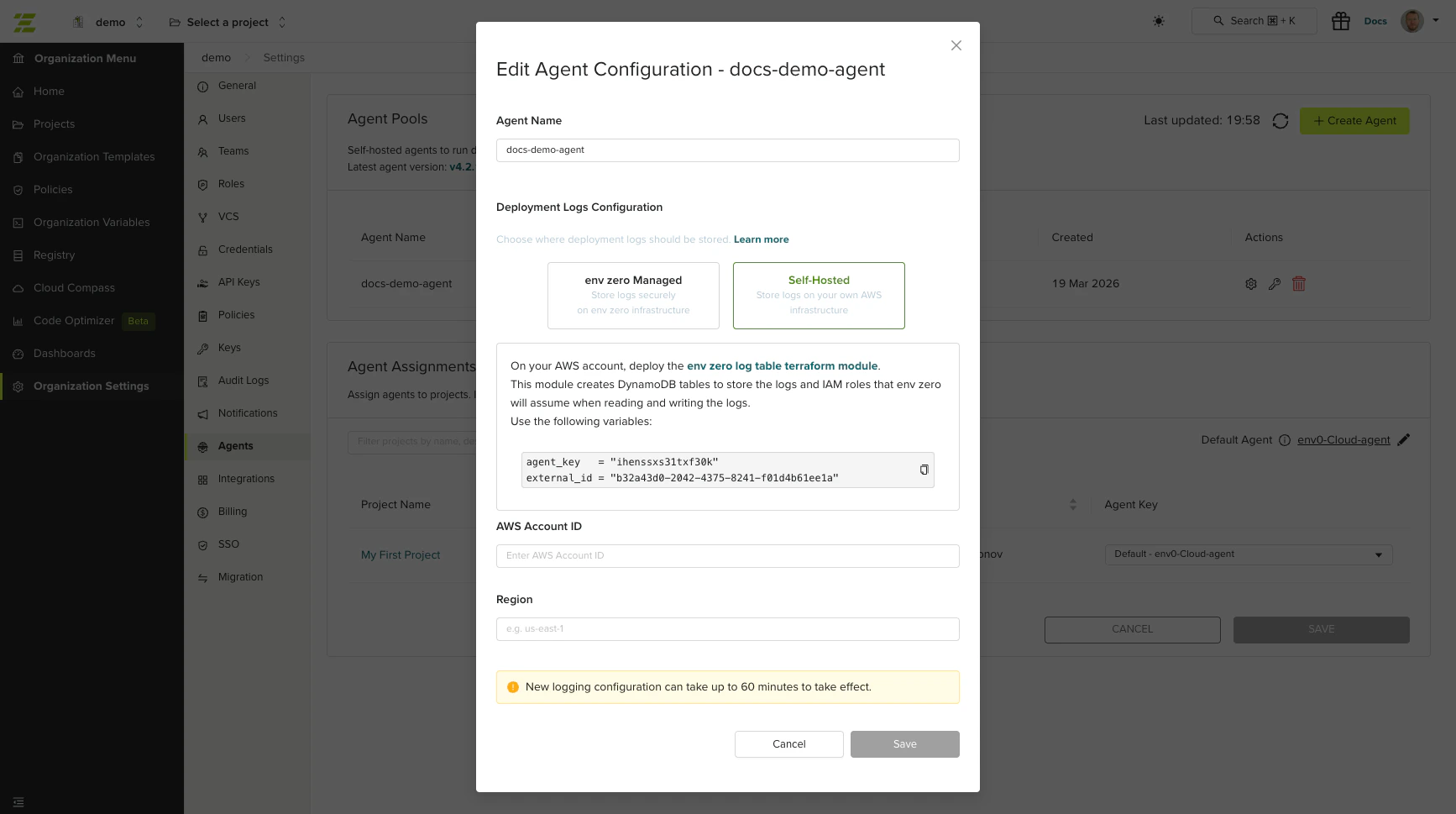 Edit Agent modal showing AWS log configuration fields
