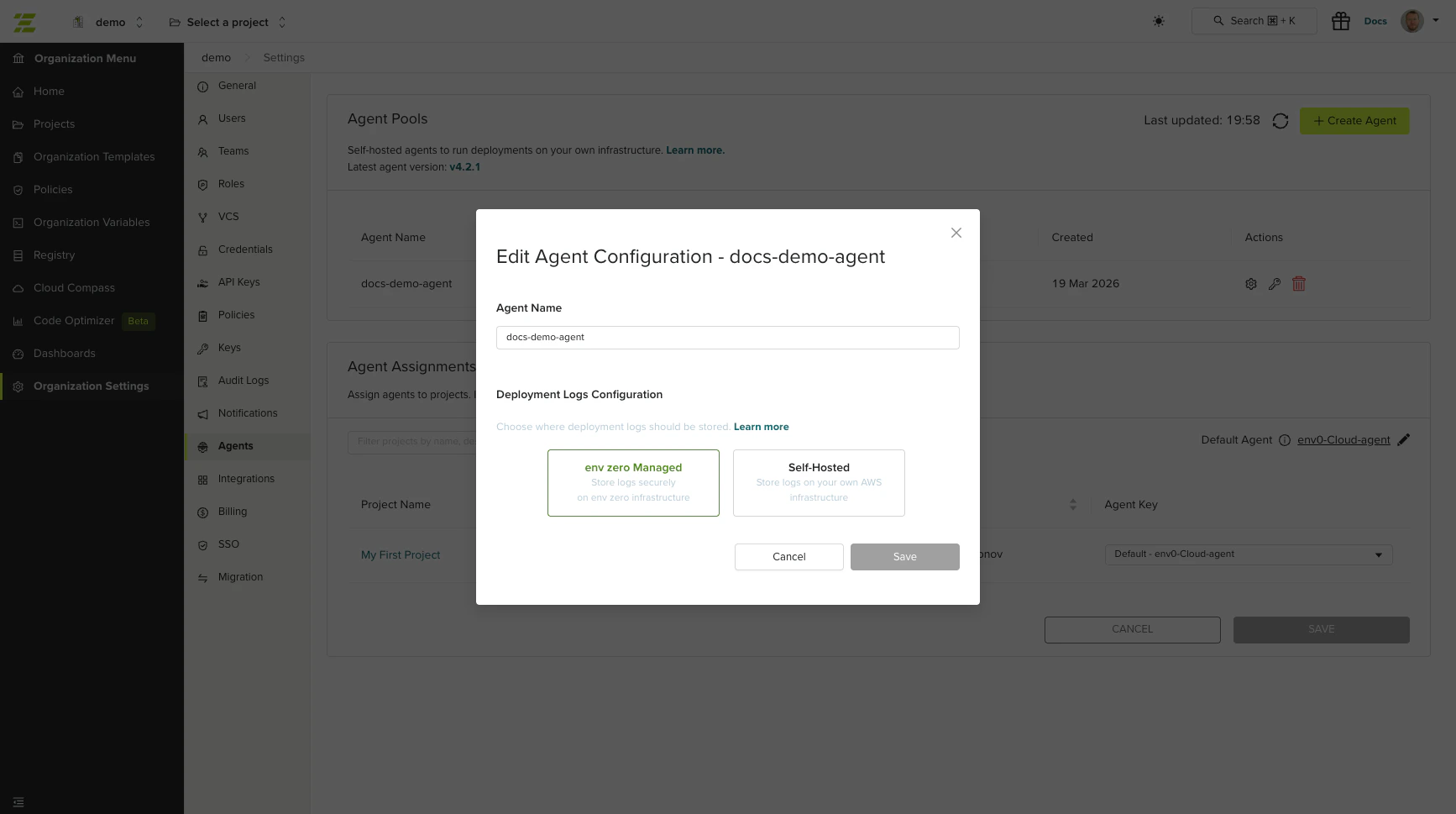 Edit Agent Configuration modal showing name and deployment logs settings